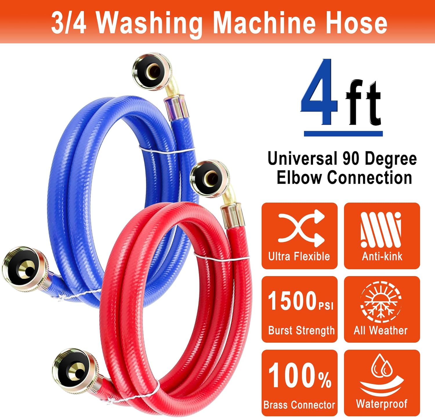 2 Pack 4 FT Rubber Washing Machine Hoses with 90 Degree Elbows - No-Lead Burst-proof Hot/Cold Water Supply Hoses for Washer by Fetechmate