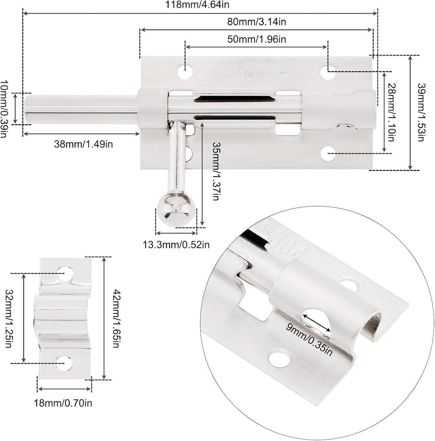 2 Pack 4 Inch Thickened Stainless Steel Barrel Bolt Door Lock Latch with Padlock Hole for Enhanced Door Security