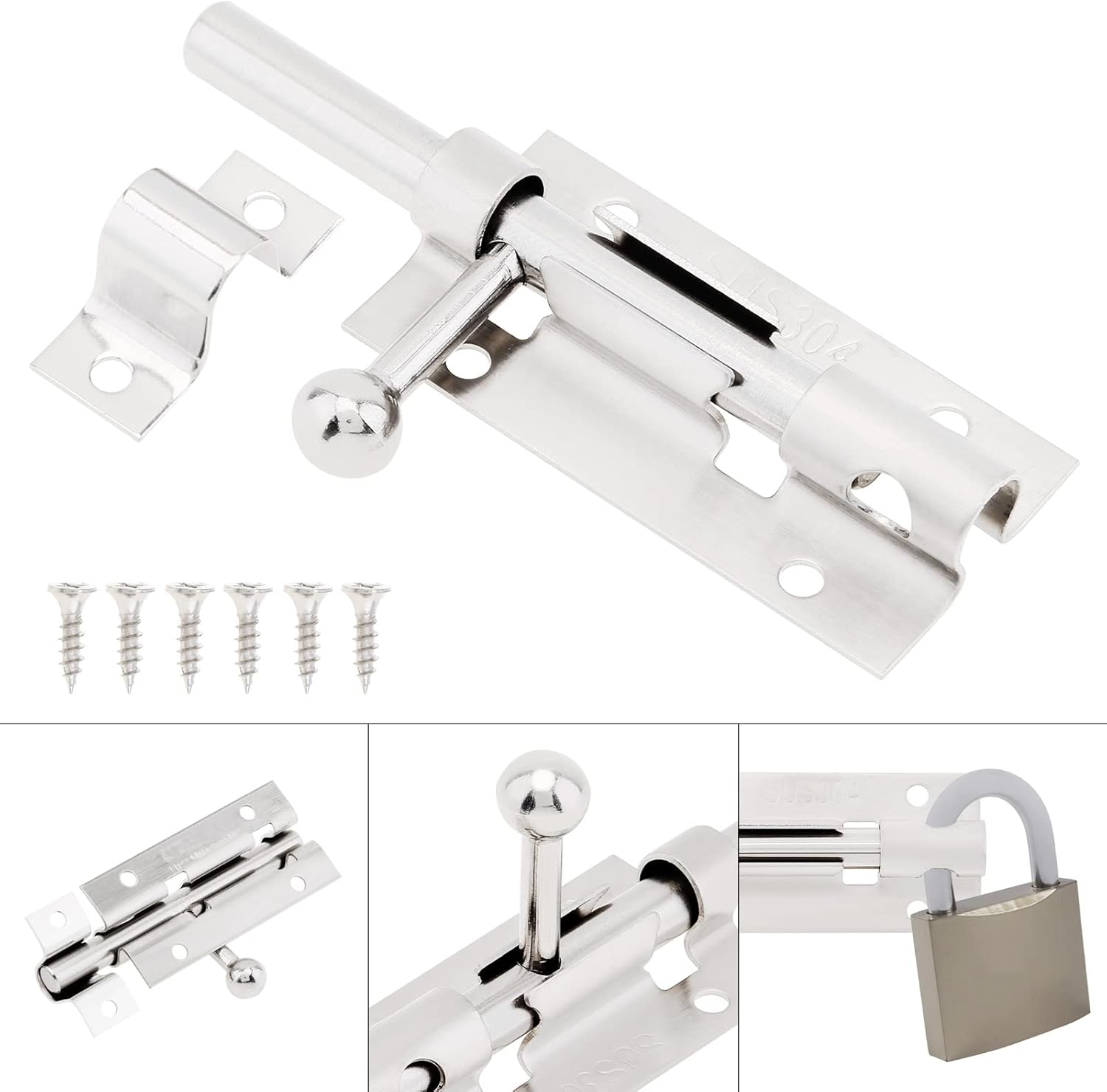 2 Pack 4 Inch Thickened Stainless Steel Barrel Bolt Door Lock Latch with Padlock Hole for Enhanced Door Security