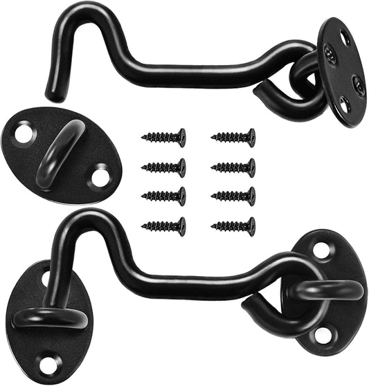 2 Pack 4 Inches Black Cabin Hook and Eye Latch Set for Barn Door, Window, Bedroom, Sliding Door - Privacy Hooks for Cabin Gate
