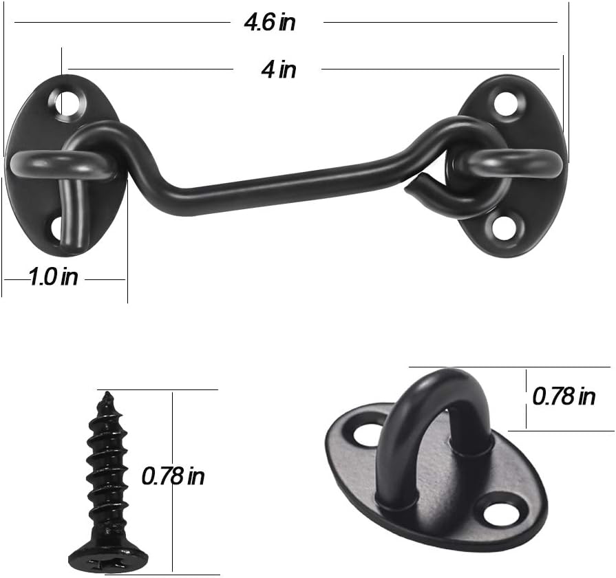 2 Pack 4 Inches Black Cabin Hook and Eye Latch Set for Barn Door, Window, Bedroom, Sliding Door - Privacy Hooks for Cabin Gate