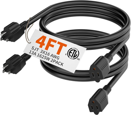 2 Pack 4ft 16 Gauge Black Outdoor Extension Cord - Waterproof, Flexible, Cold Weather Prong Electric Cord - 13A 1625W 125V ETL Listed