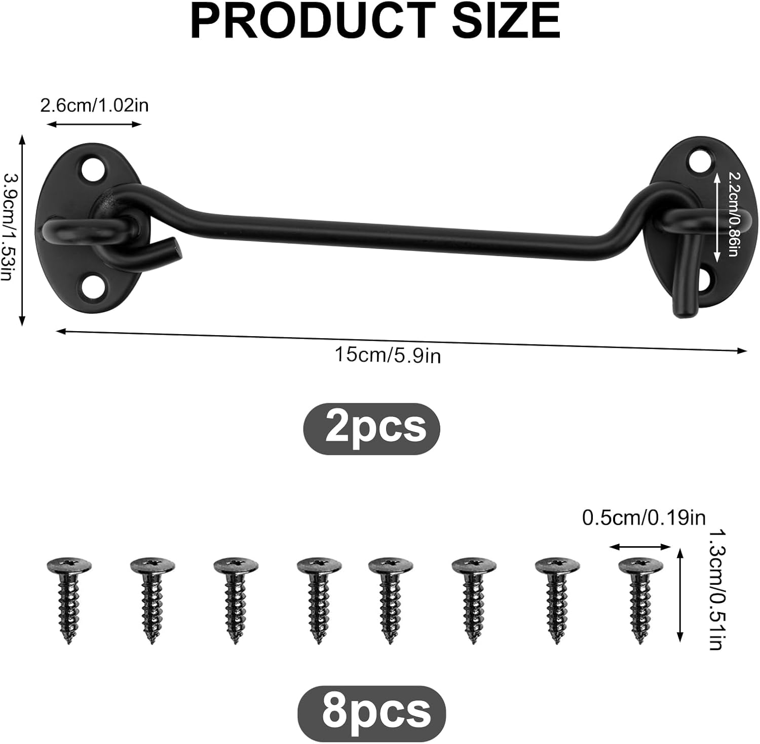 2 Pack 6" Black Barn Door Hook and Eye Latch - Heavy Duty Stainless Steel Hardware for Sliding Doors, Cabinets, Windows - Fantasyon Gate Hooks for Bedroom and Bathroom