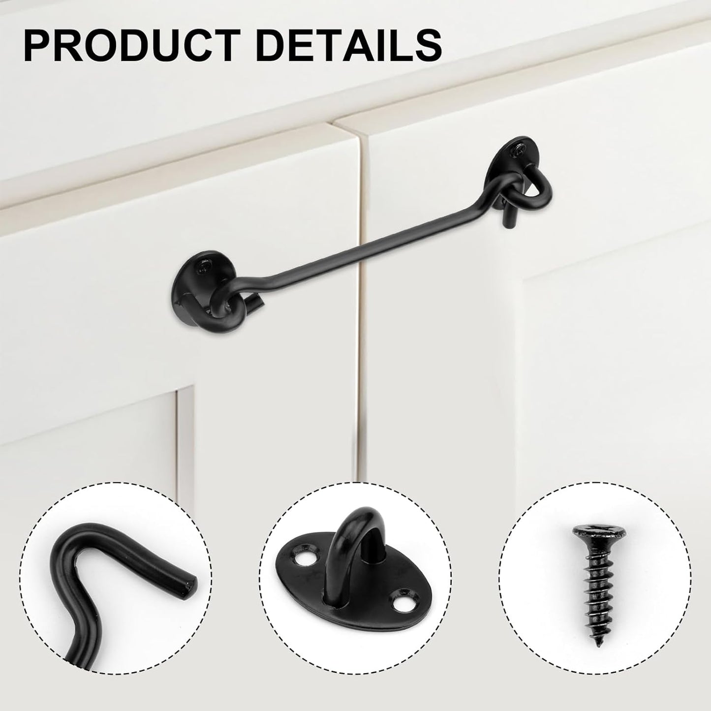 2 Pack 6" Black Barn Door Hook and Eye Latch - Heavy Duty Stainless Steel Hardware for Sliding Doors, Cabinets, Windows - Fantasyon Gate Hooks for Bedroom and Bathroom