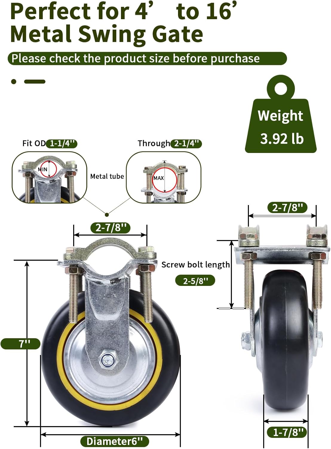 2 Pack 6" Farm Gate Wheels for Metal Tube Gate - Durable Fence Support Wheel