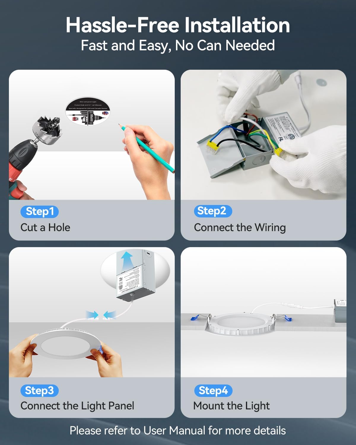 2 Pack 6 Inch LED Recessed Ceiling Light with Junction Box, 5CCT 1100LM Brightness, Canless Wafer, Dimmable Downlight - 12W, ETL and Energy Star Certified