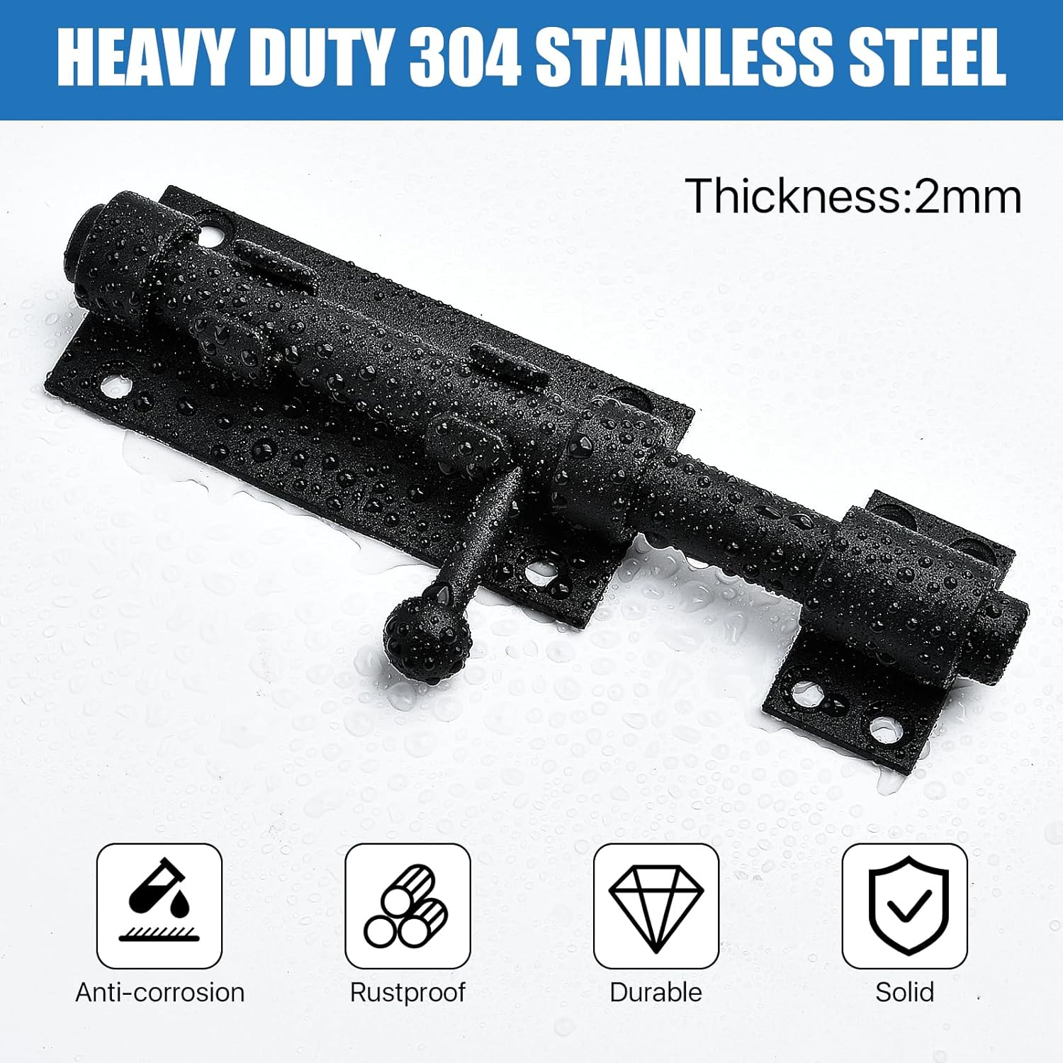 2 Pack 6.3inch Stainless Steel Sliding Bolt Gate Latch with Padlock Hole - Heavy Duty Barrel Bolt Lock for Yard, Trailer, Fence, Shed, Garages - Black