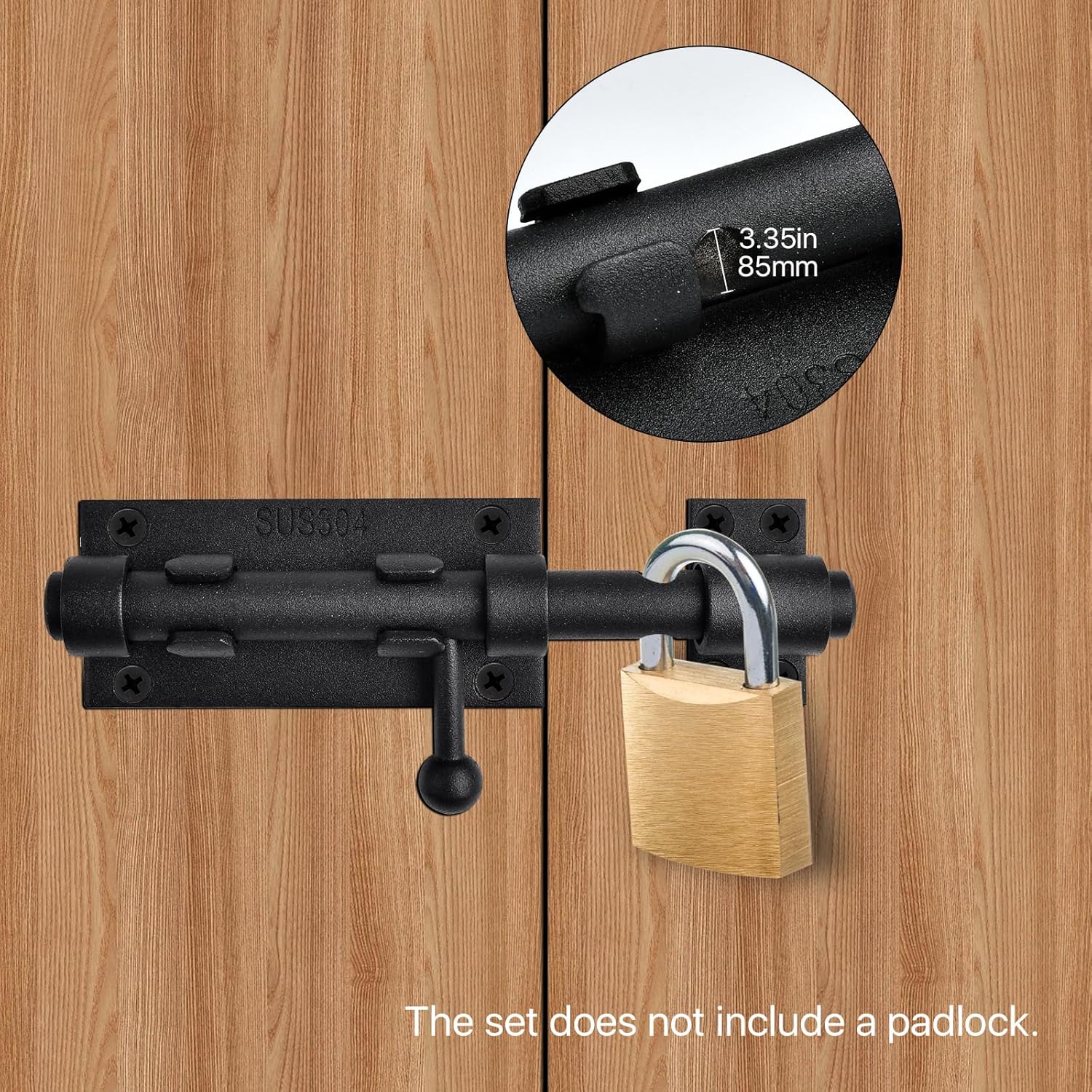 2 Pack 6.3inch Stainless Steel Sliding Bolt Gate Latch with Padlock Hole - Heavy Duty Barrel Bolt Lock for Yard, Trailer, Fence, Shed, Garages - Black