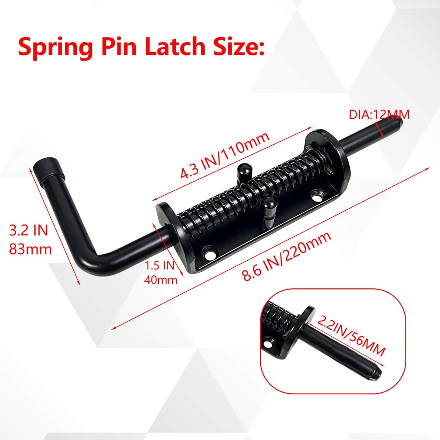 2 Pack 8.5inch Black Heavy Duty Spring Loaded Latch Pin for Gates/Doors - Galvanized Steel Sliding Bolt Latch, Indoor/Outdoor