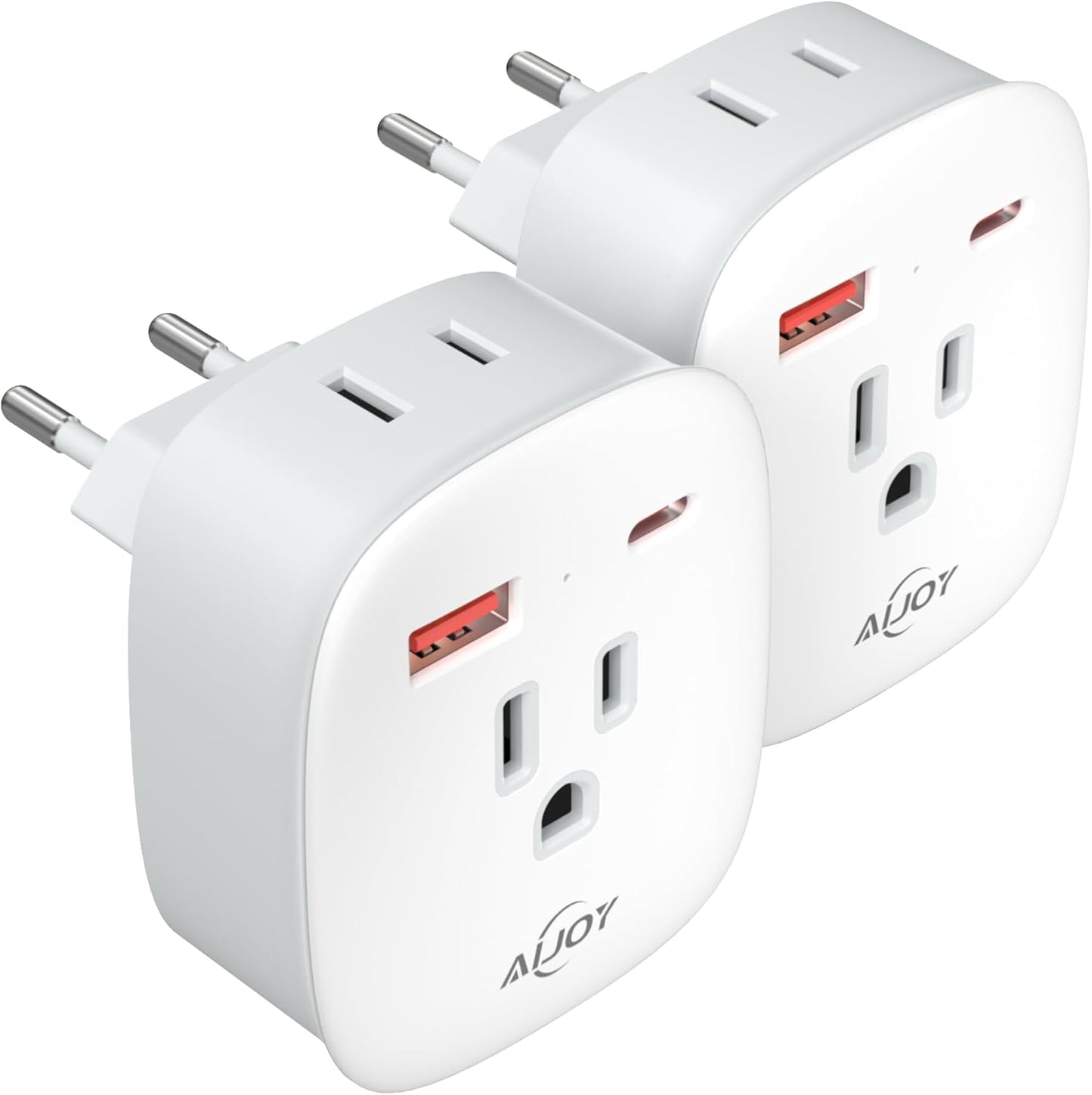 2 Pack AiJoy European Travel Plug Adapter Set with 20W PD USB-C International Power Plug - Compatible with Italy, Spain, France, Germany, Iceland, and More EU Countries