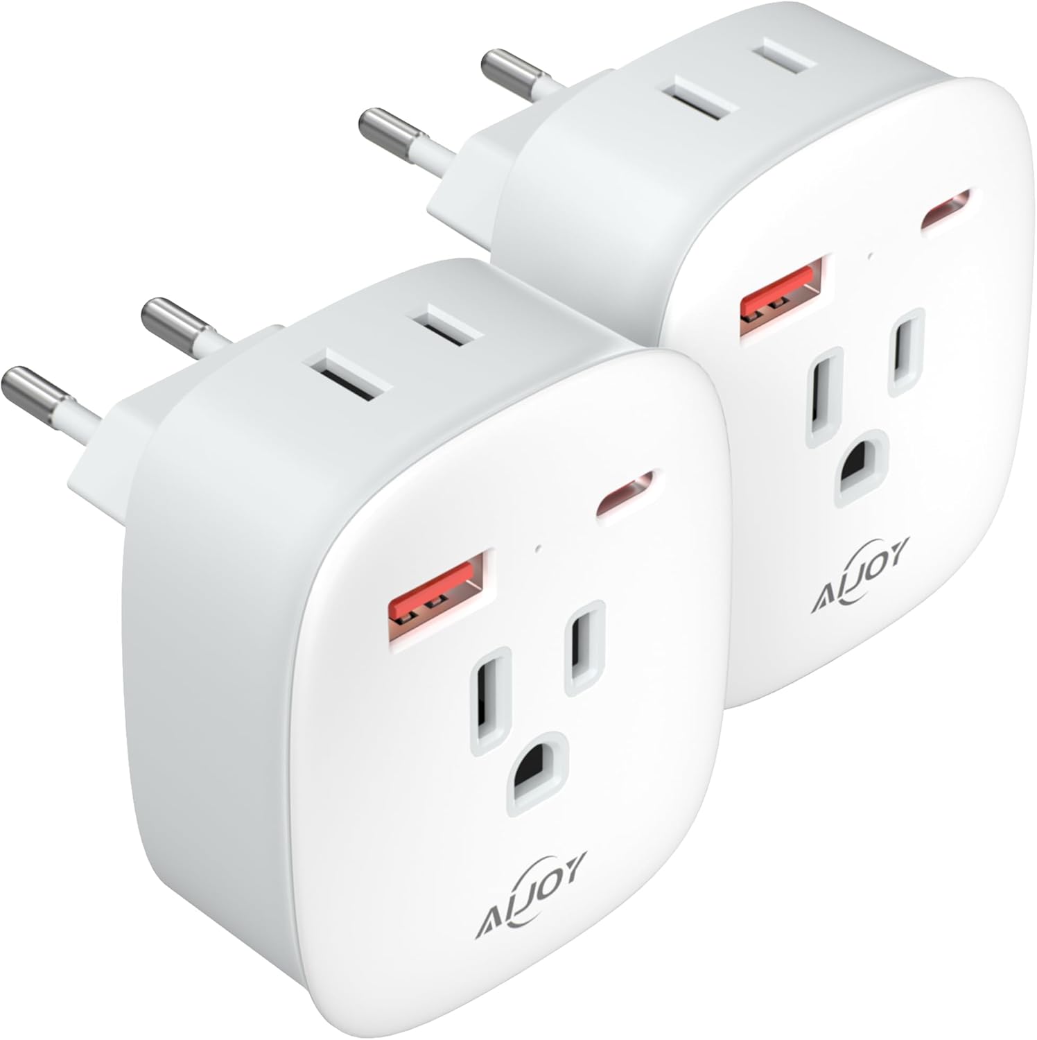 2 Pack AiJoy European Travel Plug Adapter Set with 20W PD USB-C International Power Plug - Compatible with Italy, Spain, France, Germany, Iceland, and More EU Countries