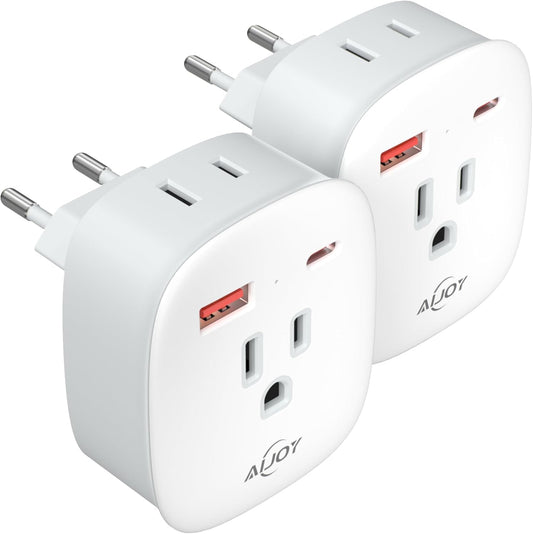 2 Pack AiJoy European Travel Plug Adapter Set with 20W PD USB-C International Power Plug - Compatible with Italy, Spain, France, Germany, Iceland, and More EU Countries