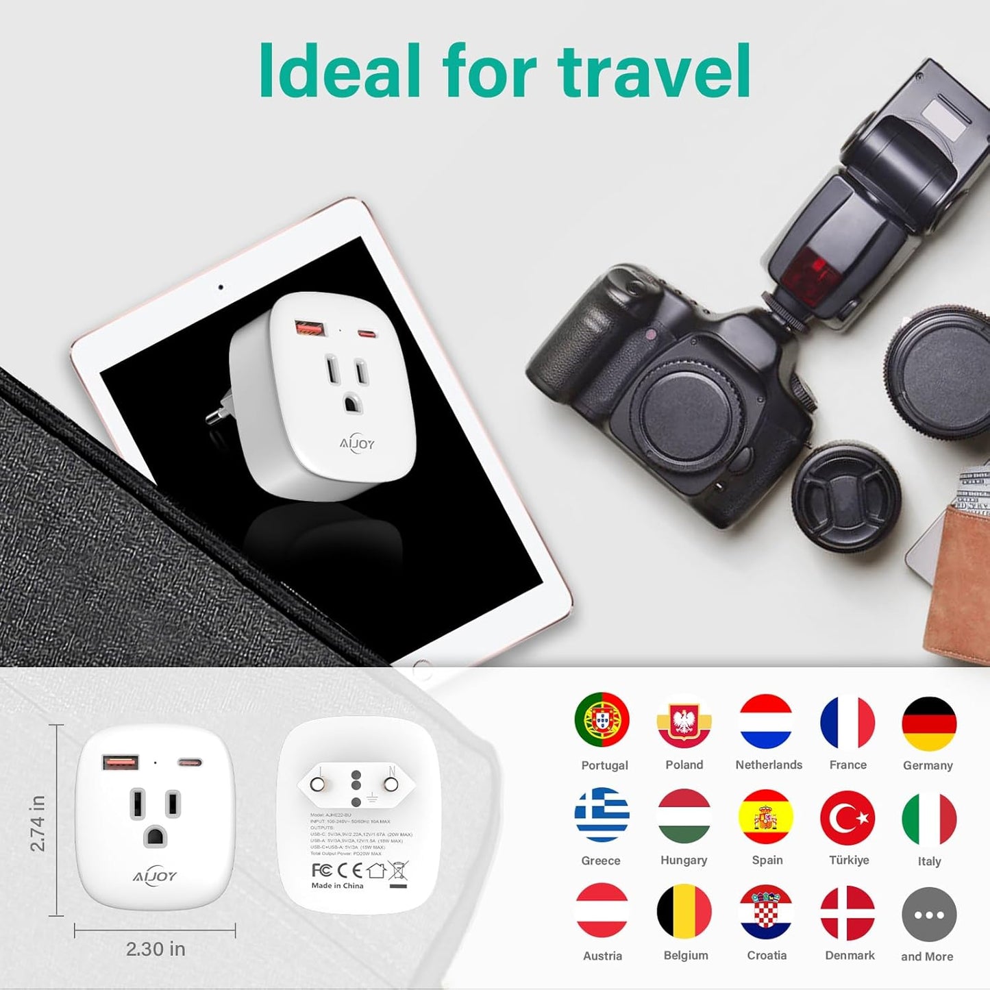 2 Pack AiJoy European Travel Plug Adapter Set with 20W PD USB-C International Power Plug - Compatible with Italy, Spain, France, Germany, Iceland, and More EU Countries