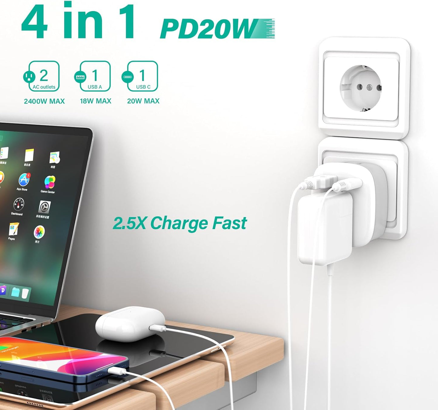 2 Pack AiJoy European Travel Plug Adapter Set with 20W PD USB-C International Power Plug - Compatible with Italy, Spain, France, Germany, Iceland, and More EU Countries