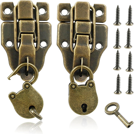 2 Pack Antique Brass Duck-Billed Hasp Latch Catch with Padlock for Jewelry Box Wooden Case