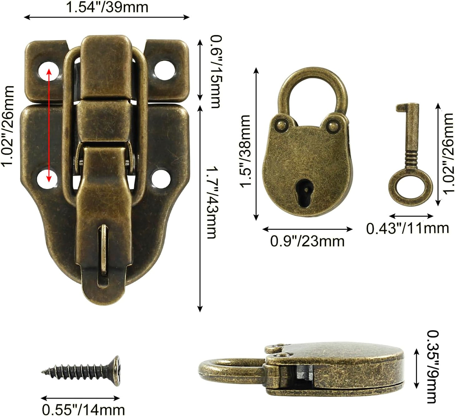 2 Pack Antique Brass Duck-Billed Hasp Latch Catch with Padlock for Jewelry Box Wooden Case