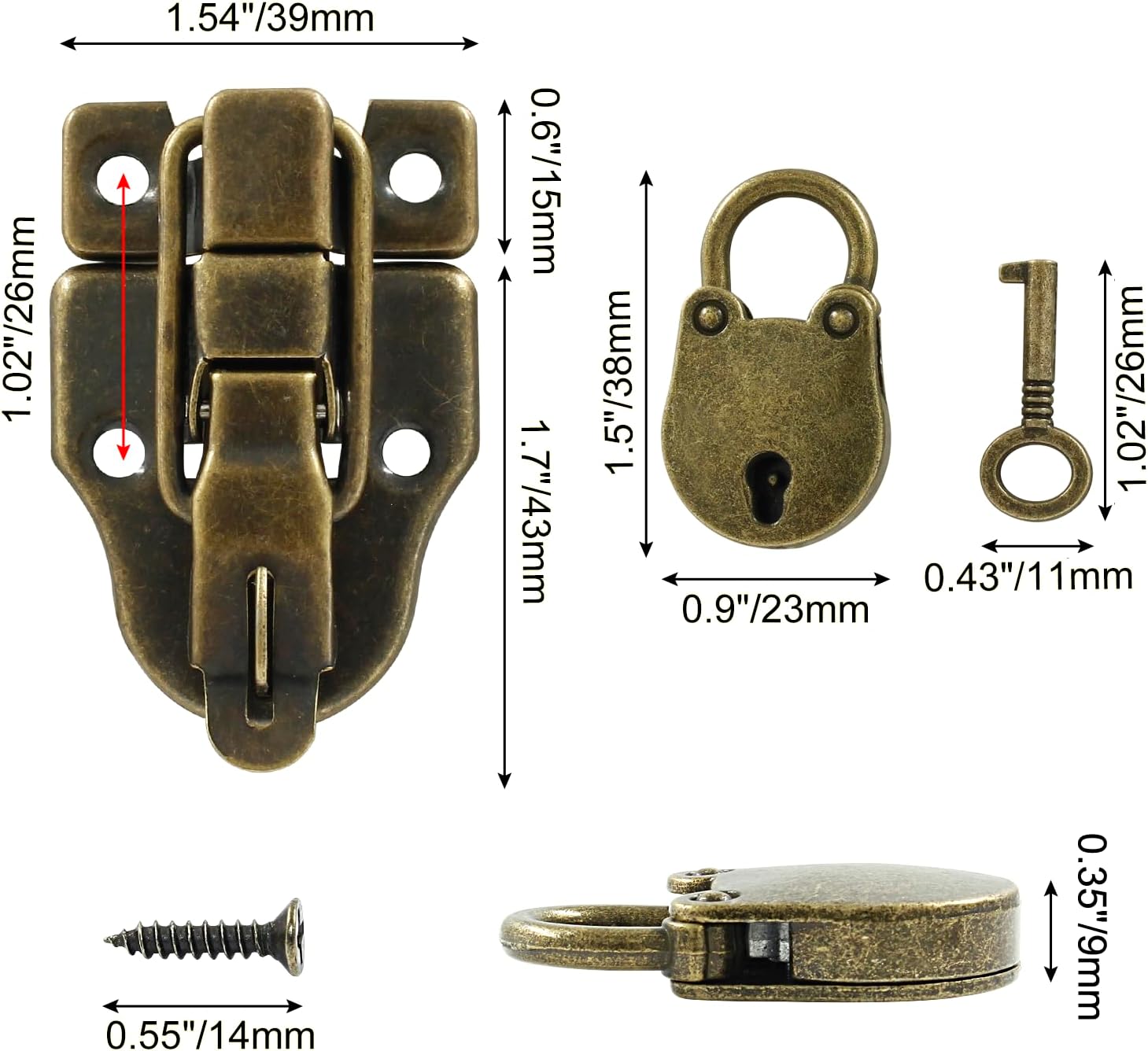 2 Pack Antique Brass Duck-Billed Hasp Latch Catch with Padlock for Jewelry Box Wooden Case