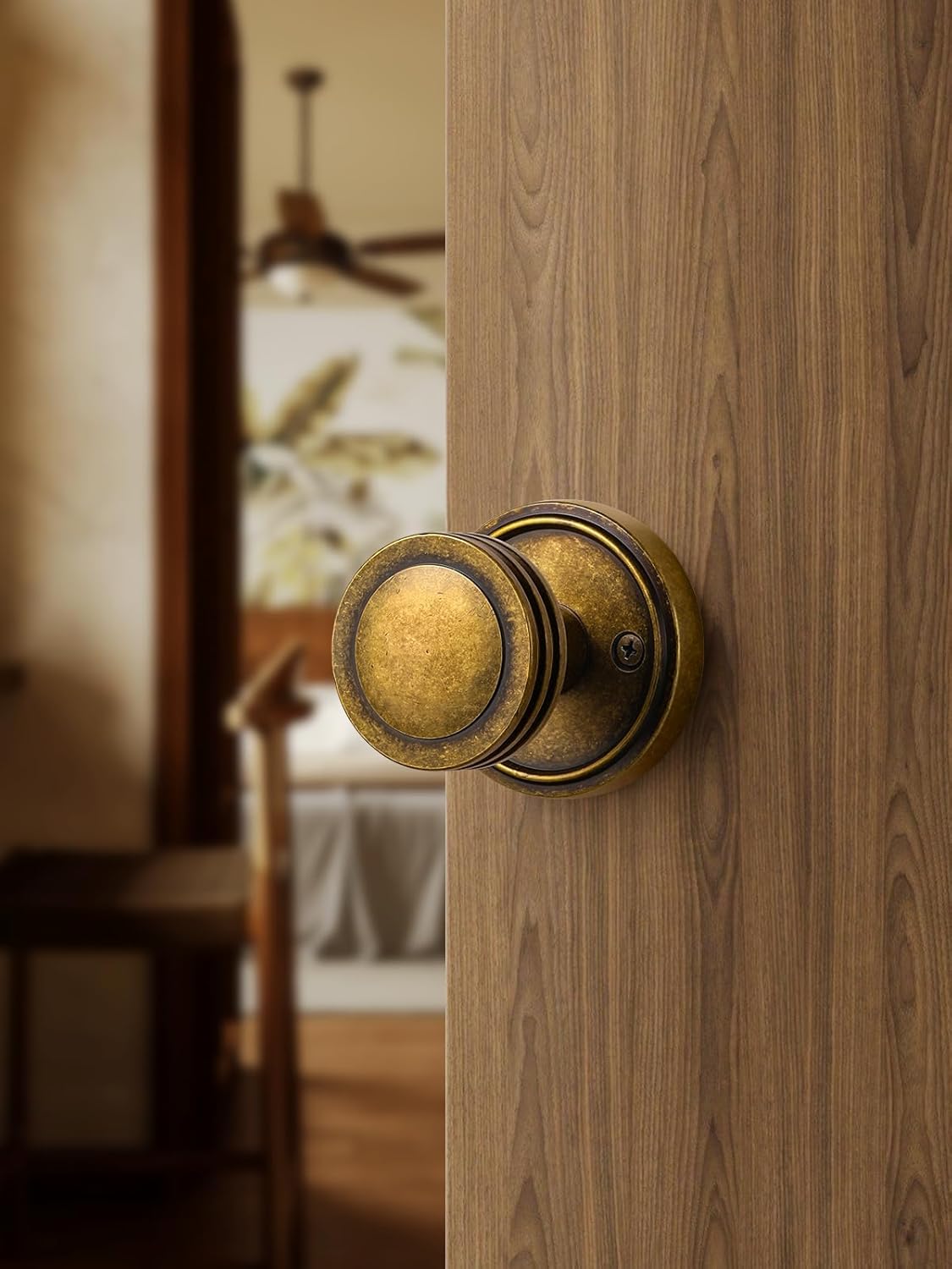 2 Pack Antique Brass Passage Door Knobs for Hall/Closet Interior - Zinc Alloy