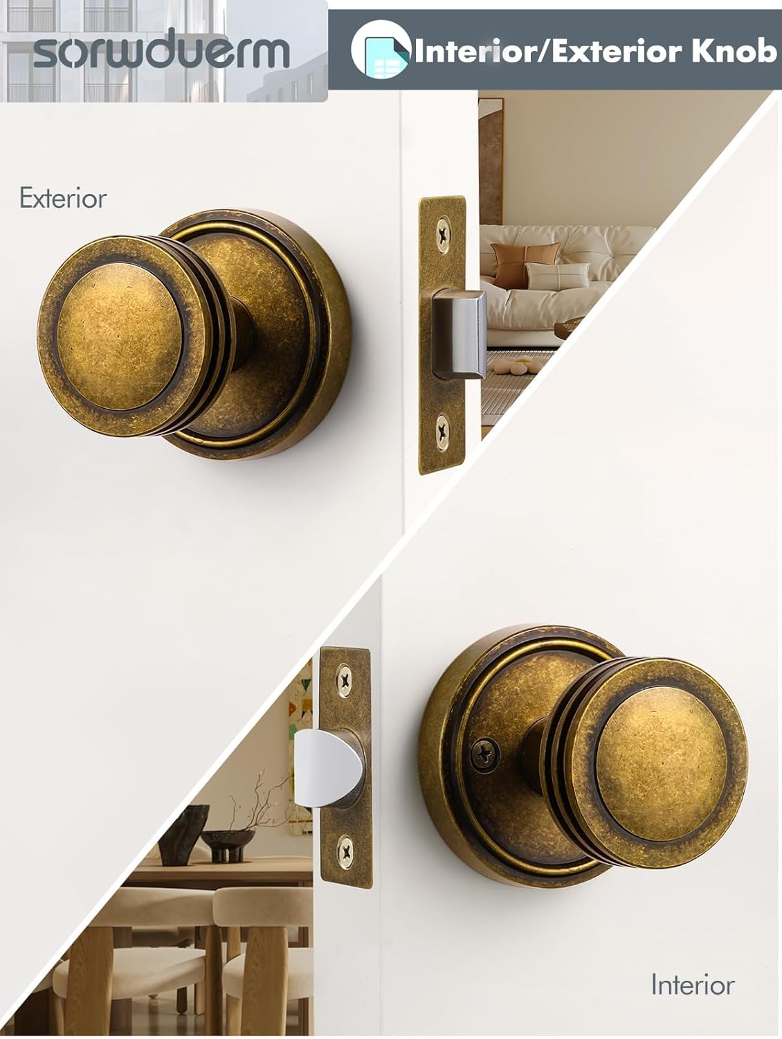 2 Pack Antique Brass Passage Door Knobs for Hall/Closet Interior - Zinc Alloy