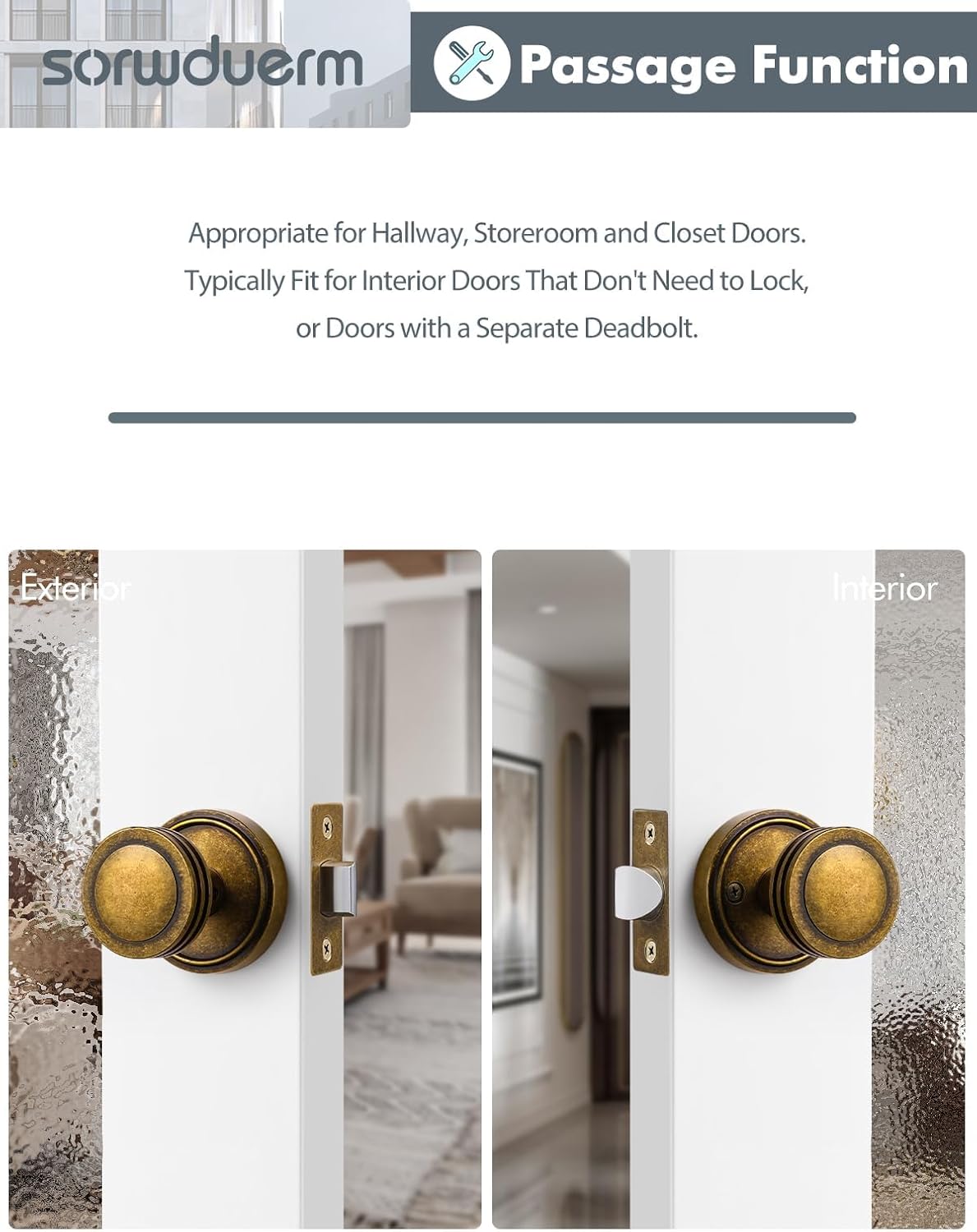 2 Pack Antique Brass Passage Door Knobs for Hall/Closet Interior - Zinc Alloy