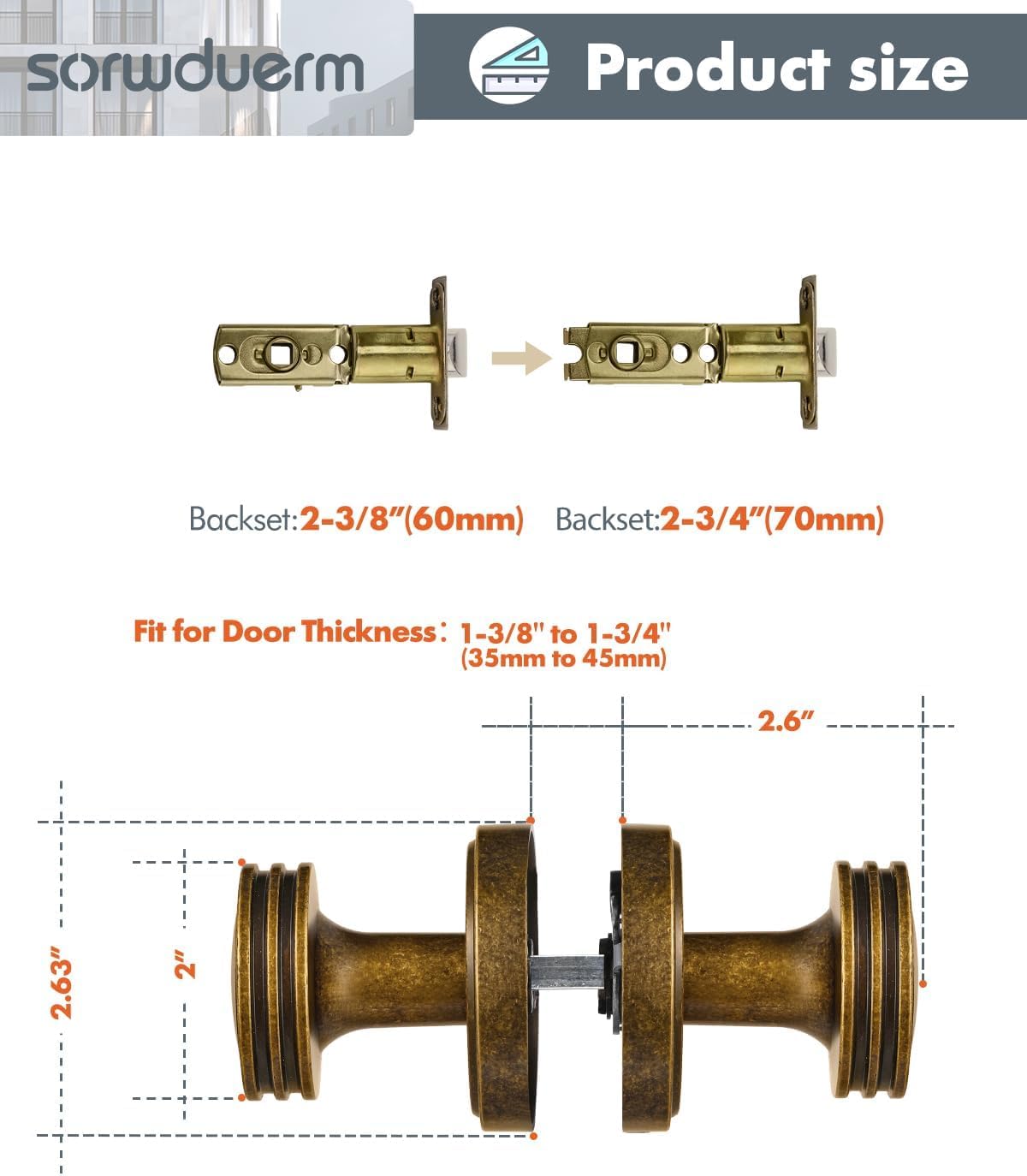 2 Pack Antique Brass Passage Door Knobs for Hall/Closet Interior - Zinc Alloy