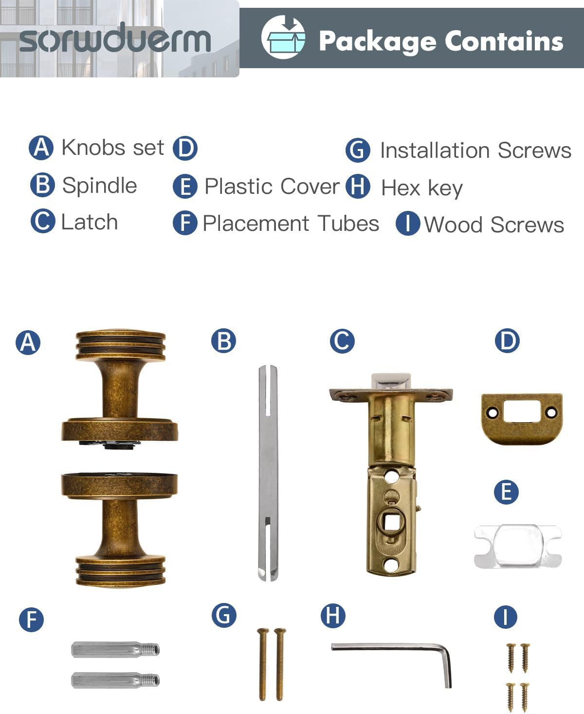 2 Pack Antique Brass Passage Door Knobs for Hall/Closet Interior - Zinc Alloy