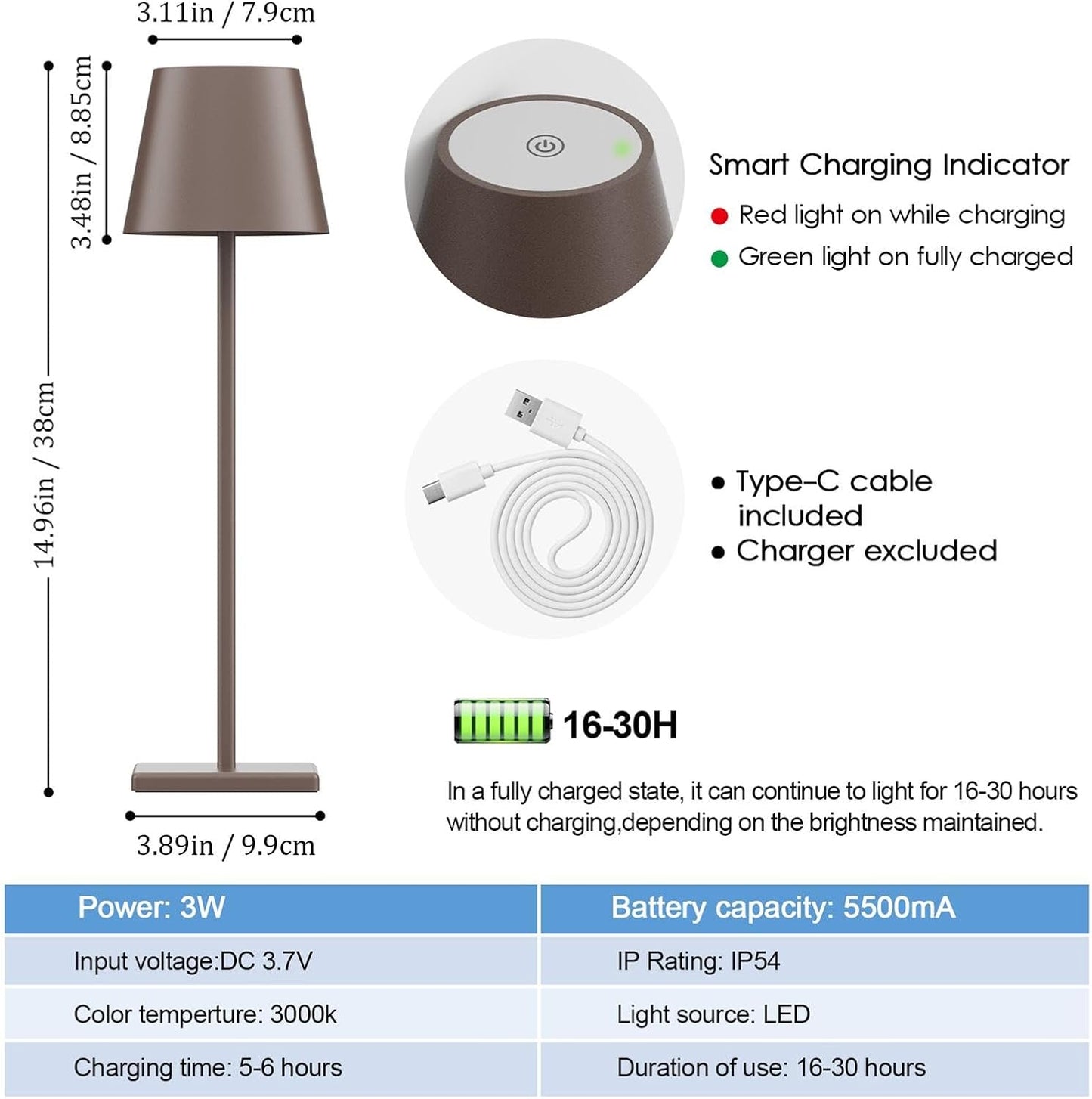 2-Pack Aoceley LED Cordless Table Lamps - Rechargeable Battery Operated Desk Lights with Stepless Dimming - Modern Portable Lamp for Restaurant, Bedroom, or Outdoor Use - IP54 Waterproof (Rust Red)