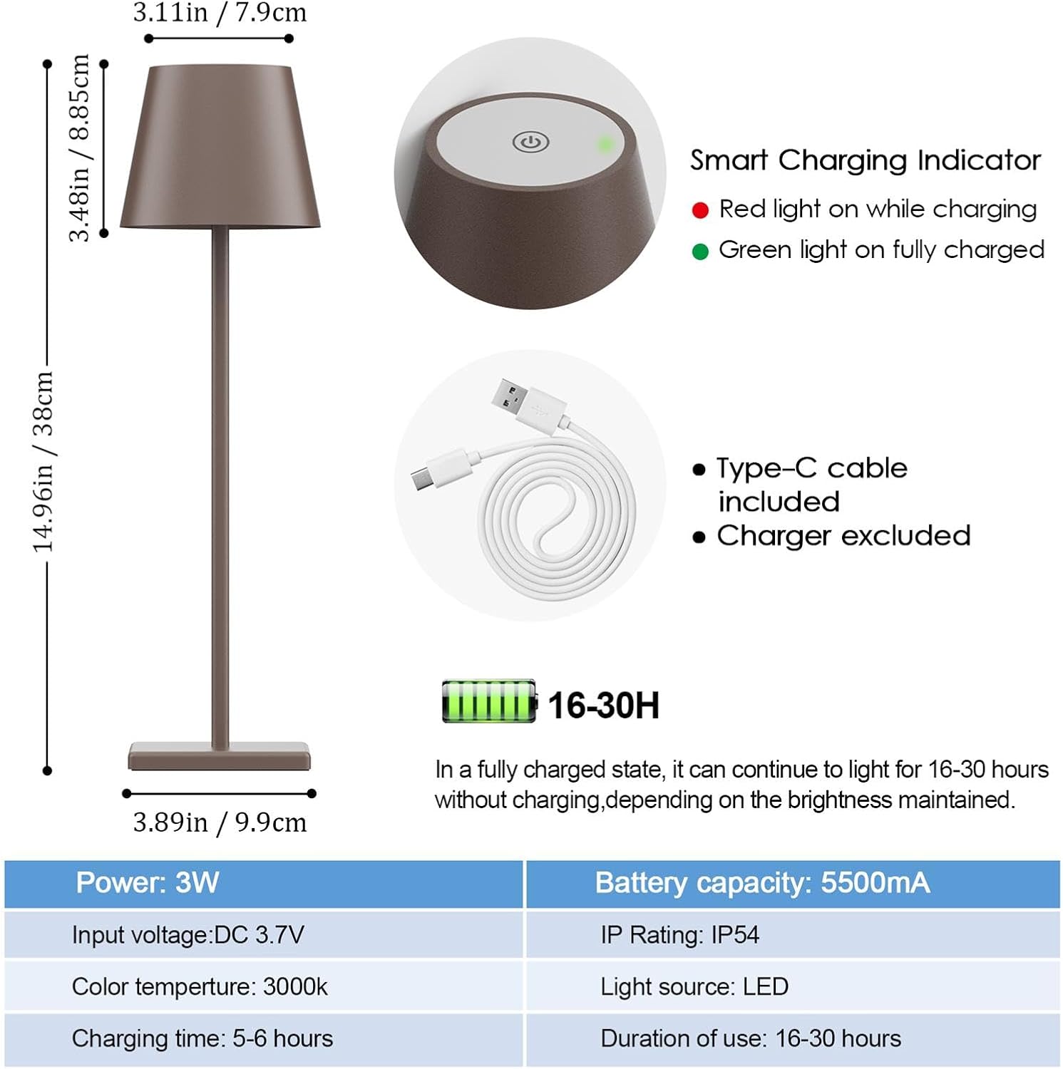 2-Pack Aoceley LED Cordless Table Lamps - Rechargeable Battery Operated Desk Lights with Stepless Dimming - Modern Portable Lamp for Restaurant, Bedroom, or Outdoor Use - IP54 Waterproof (Rust Red)