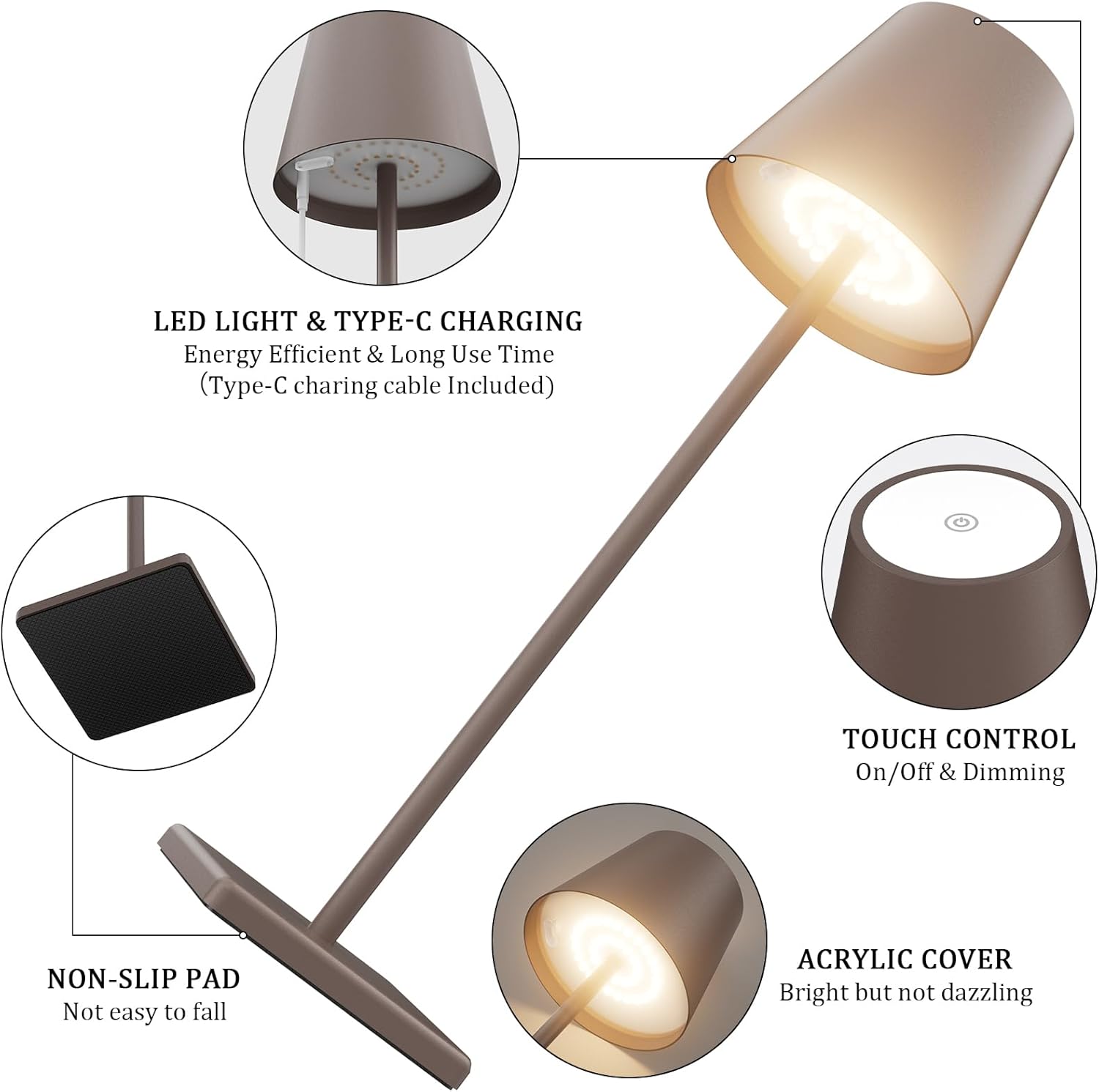 2-Pack Aoceley LED Cordless Table Lamps - Rechargeable Battery Operated Desk Lights with Stepless Dimming - Modern Portable Lamp for Restaurant, Bedroom, or Outdoor Use - IP54 Waterproof (Rust Red)
