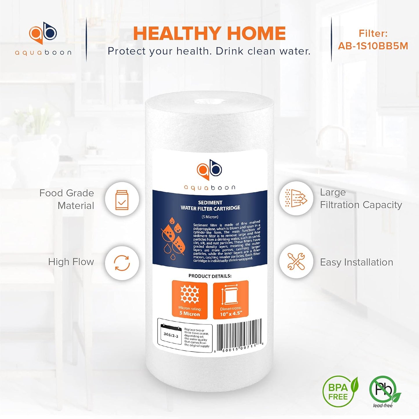 2-Pack Aquaboon 5 Micron Whole House Sediment Filter Cartridge - Compatible with DGD-5005, WFHD13001B, AP810 - 10 x 4.5 - Well Water Filter Replacement