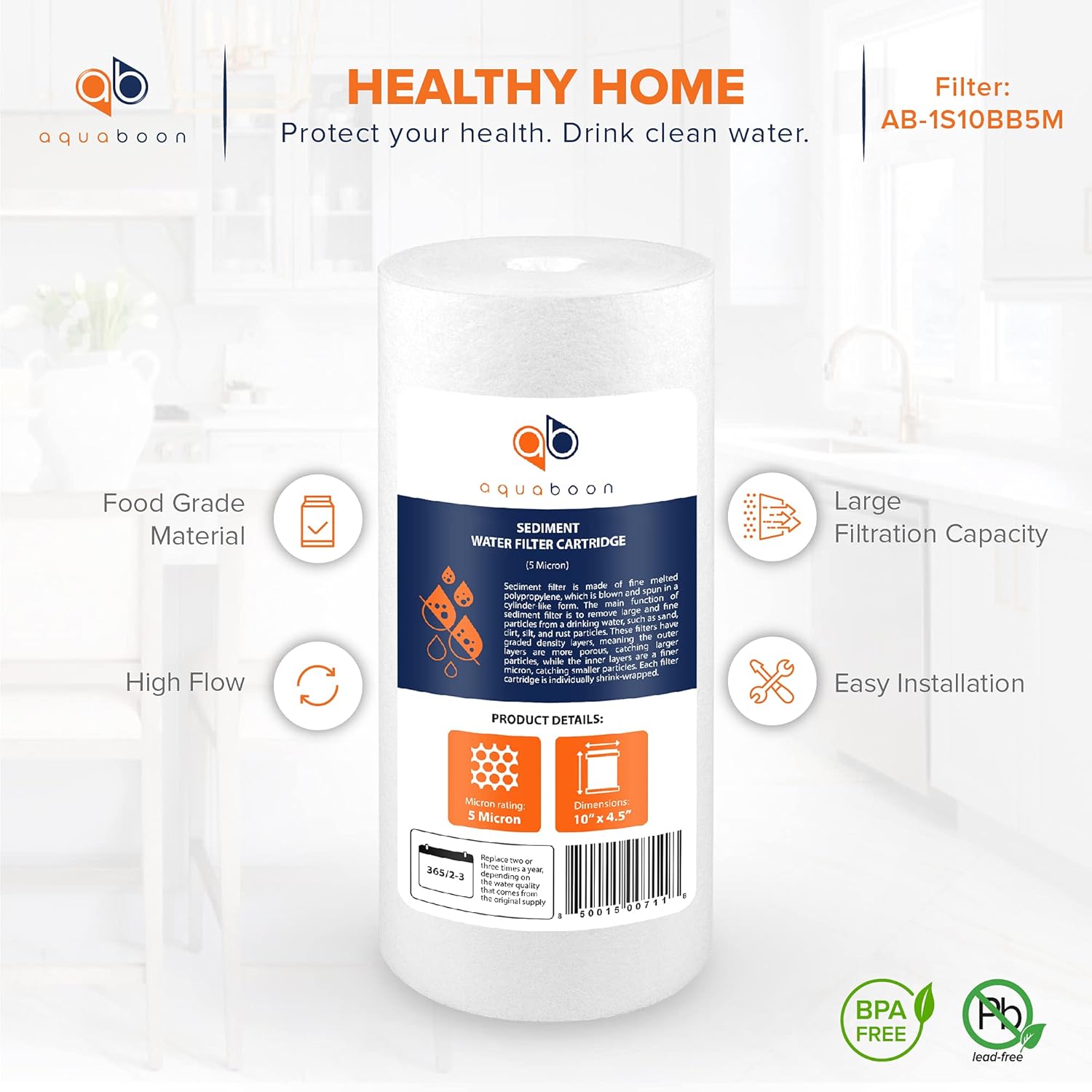 2-Pack Aquaboon 5 Micron Whole House Sediment Filter Cartridge - Compatible with DGD-5005, WFHD13001B, AP810 - 10 x 4.5 - Well Water Filter Replacement