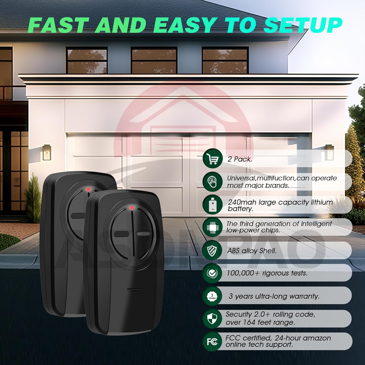 2-Pack ASONPAO KLIK5U-BK2 Clicker Universal Chamberlain Garage Door Opener Remote with 3-Year Warranty