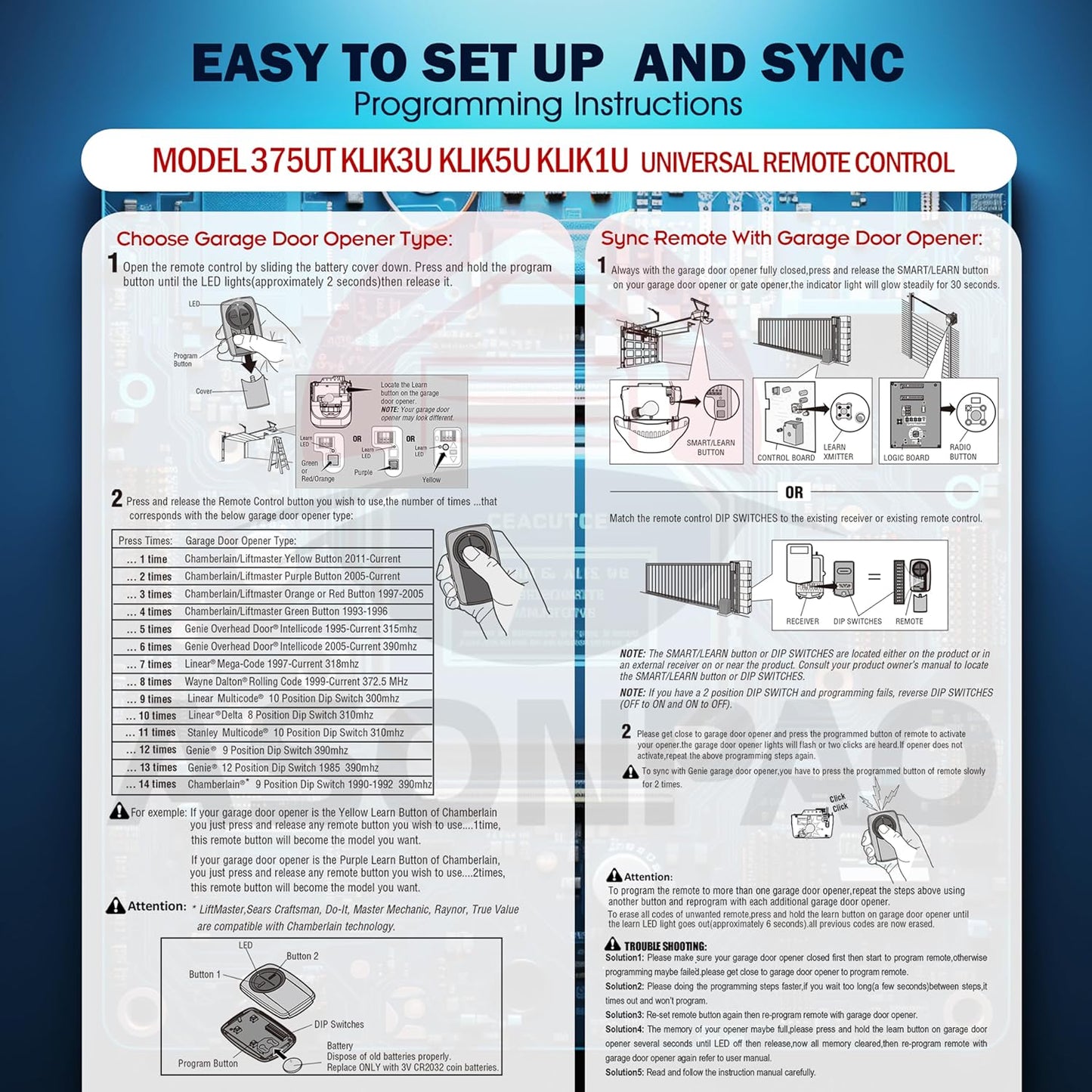 2-Pack ASONPAO KLIK5U-BK2 Clicker Universal Chamberlain Garage Door Opener Remote with 3-Year Warranty