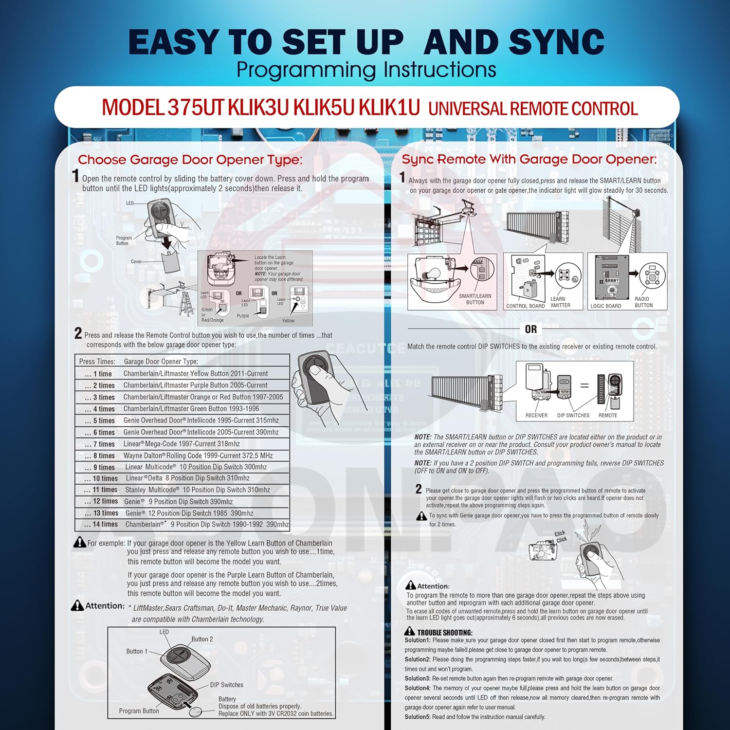 2-Pack ASONPAO KLIK5U-BK2 Clicker Universal Chamberlain Garage Door Opener Remote with 3-Year Warranty