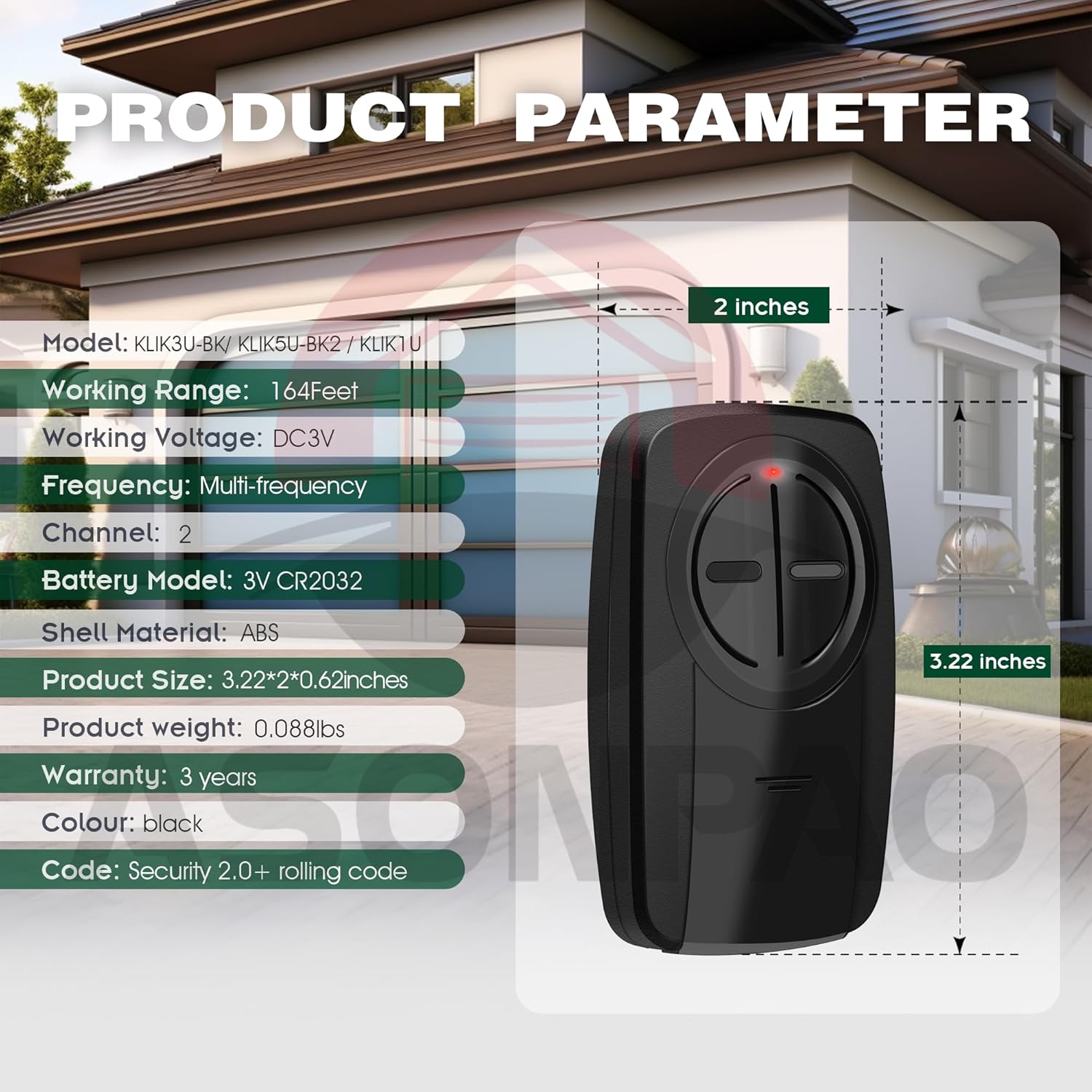 2-Pack ASONPAO KLIK5U-BK2 Clicker Universal Chamberlain Garage Door Opener Remote with 3-Year Warranty