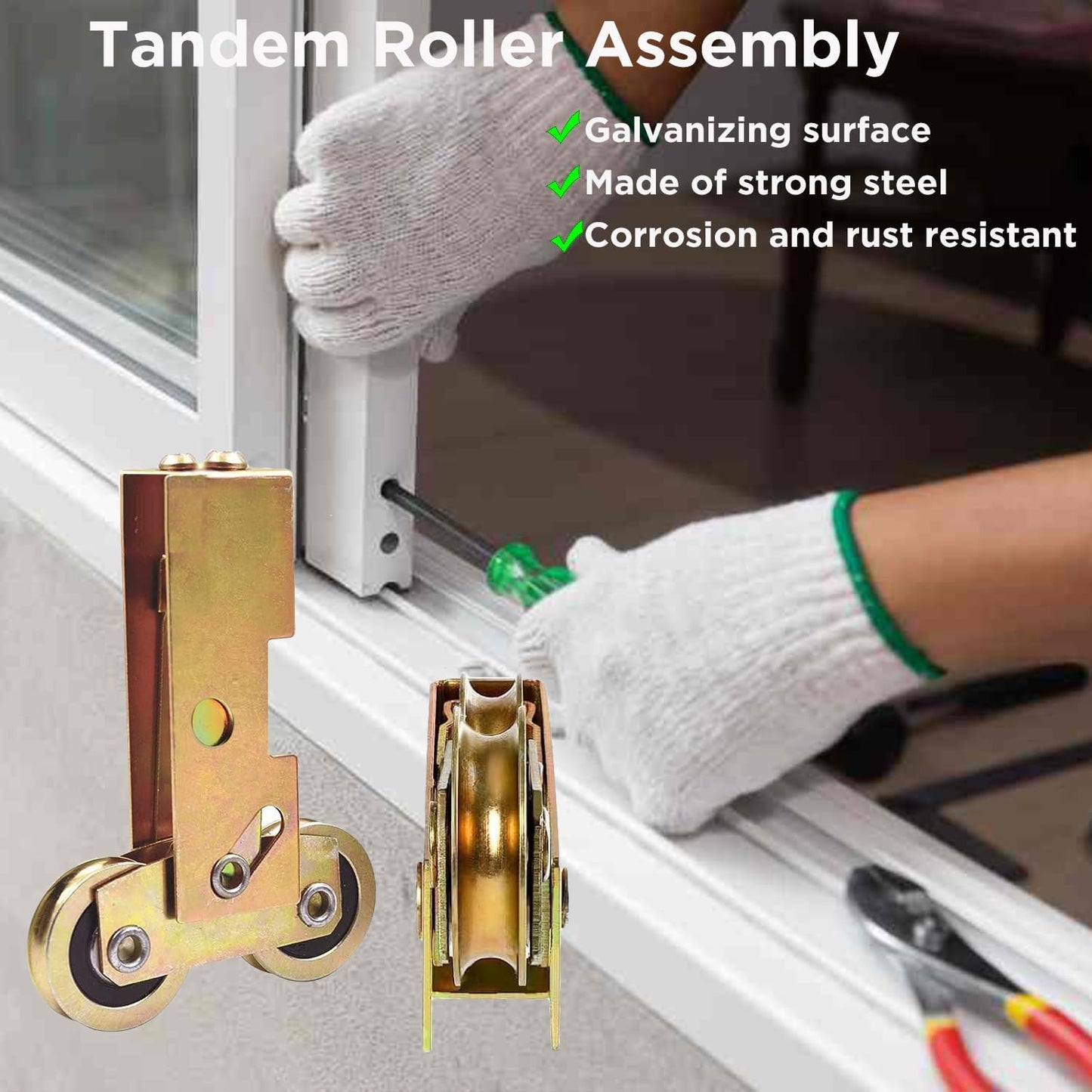2 Pack Augenweide Sliding Patio Door Tandem Roller Assembly, Rear Adjustable Steel Ball Wheel Bearing Replacement for Glass Door/Gate - 4 Screws