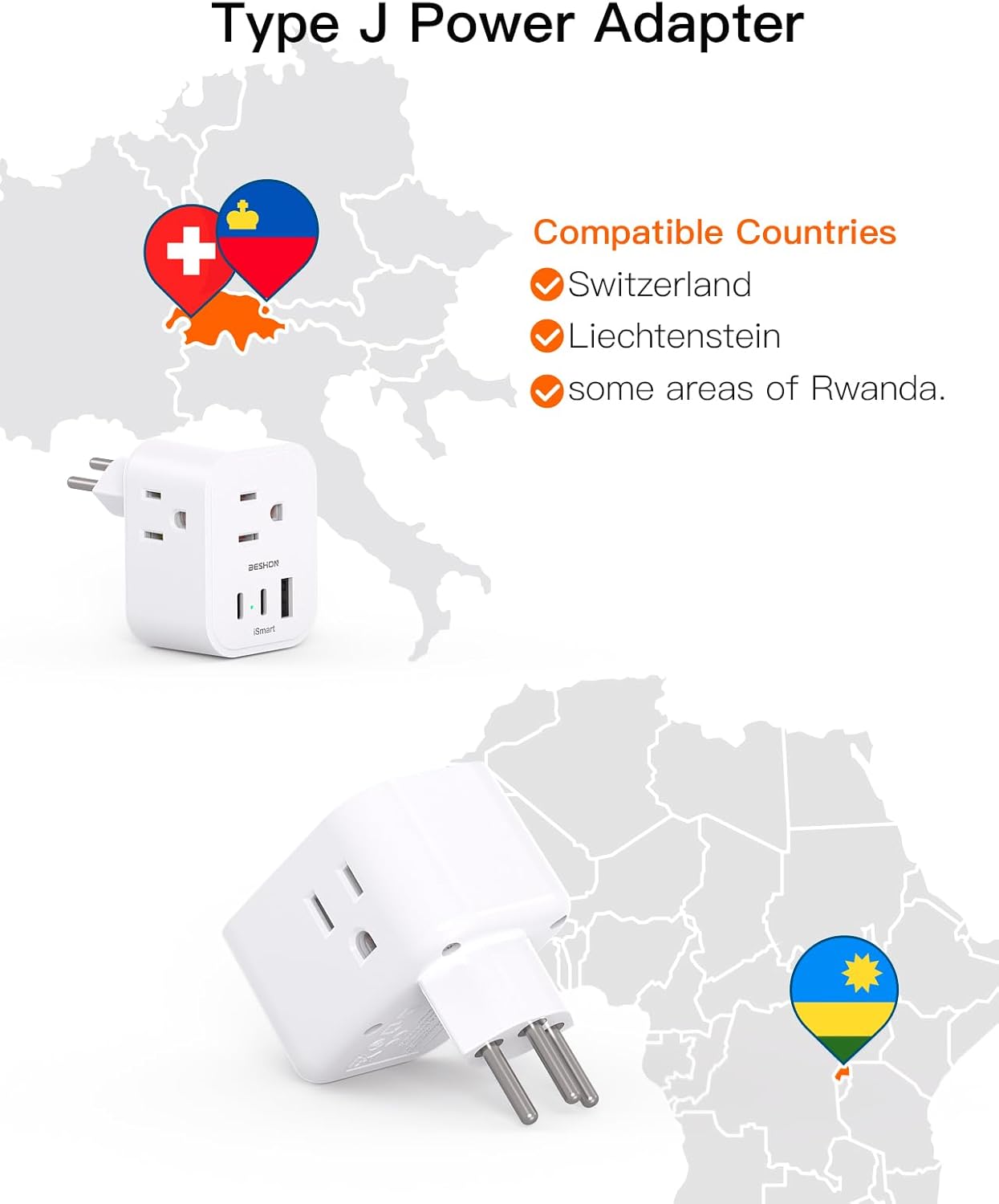2 Pack BESHON Type J Power Adapter with 3 Outlets, 3 USB Ports for Travel to Switzerland, Rwanda, Liechtenstein - Travel Essentials from US