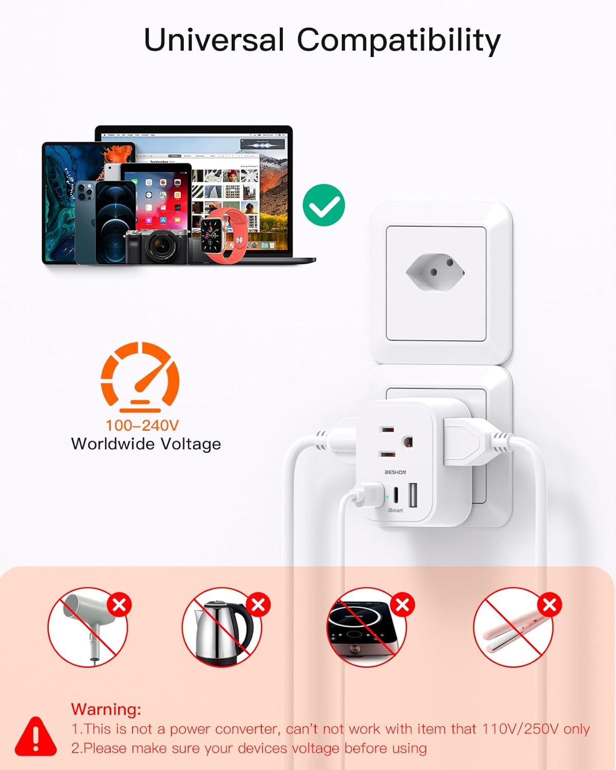 2 Pack BESHON Type J Power Adapter with 3 Outlets, 3 USB Ports for Travel to Switzerland, Rwanda, Liechtenstein - Travel Essentials from US