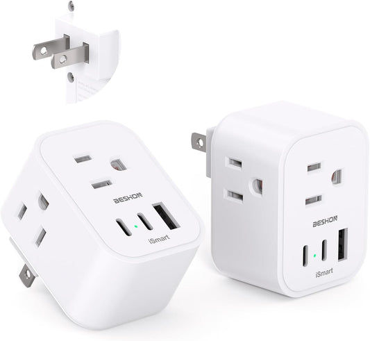 2 Pack BESHON US to Japan Plug Adapter with 3 Outlets, 3 USB Ports (2 USB C) - 6 in 1 Travel Power Plug Adaptor for USA to Japan, Canada, Mexico, Philippines, Peru