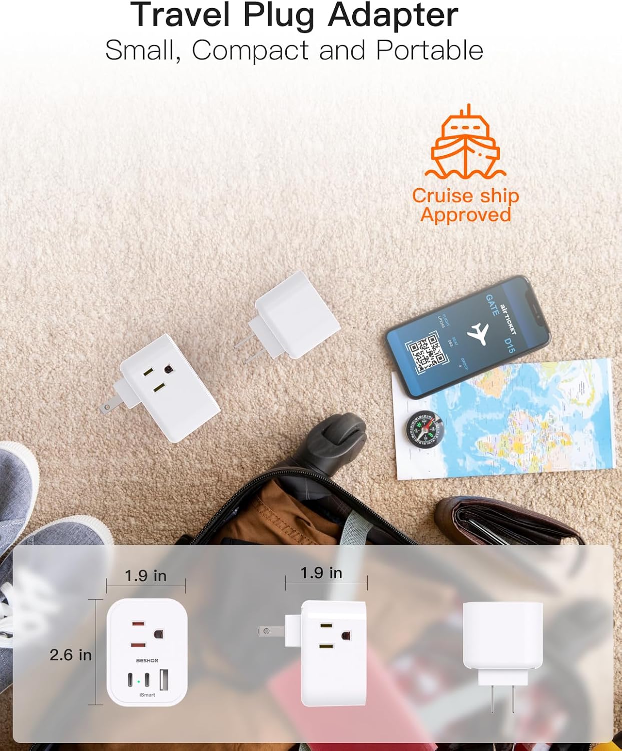 2 Pack BESHON US to Japan Plug Adapter with 3 Outlets, 3 USB Ports (2 USB C) - 6 in 1 Travel Power Plug Adaptor for USA to Japan, Canada, Mexico, Philippines, Peru