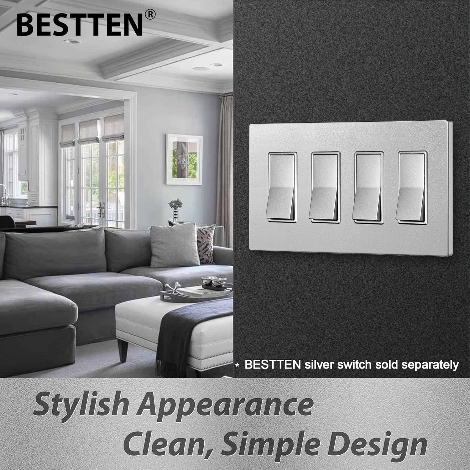 2 Pack BESTTEN 4-Gang Silver Screwless Wall Plate, Decorator Outlet Cover Switch Plate, Signature Collection USWP8 Series, H4.69” x W8.35”, for Light Switch, Dimmer, Receptacle