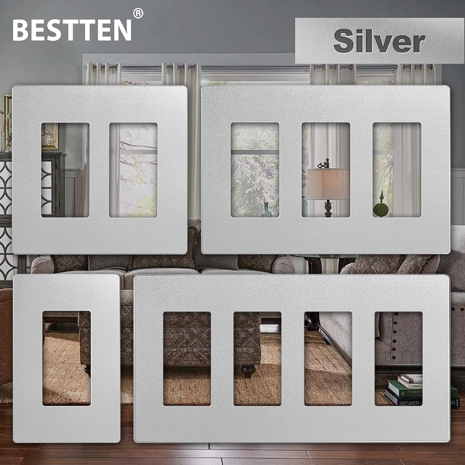 2 Pack BESTTEN 4-Gang Silver Screwless Wall Plate, Decorator Outlet Cover Switch Plate, Signature Collection USWP8 Series, H4.69” x W8.35”, for Light Switch, Dimmer, Receptacle