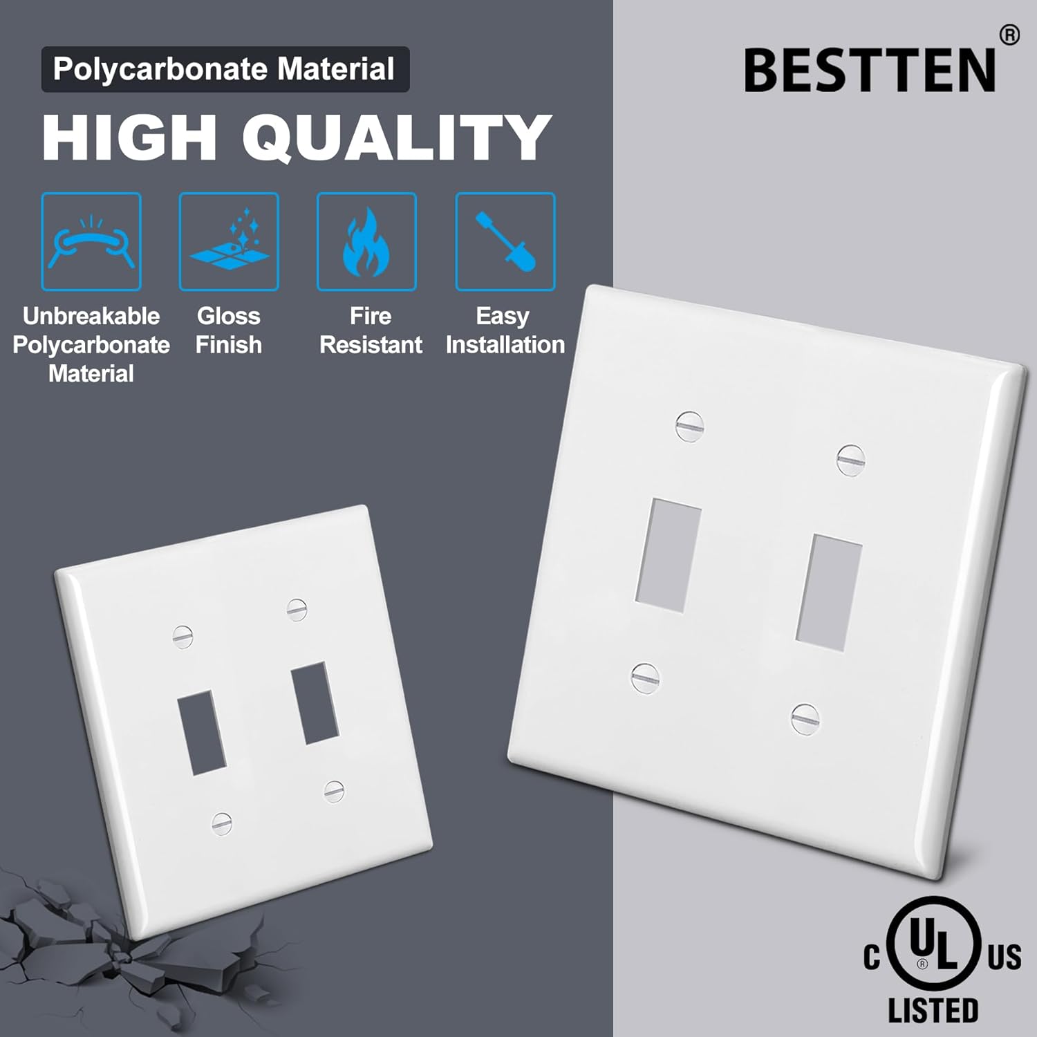 2-Pack Bestten Unbreakable Polycarbonate 2-Gang Toggle Wall Plate, White - Standard Size, UL Listed