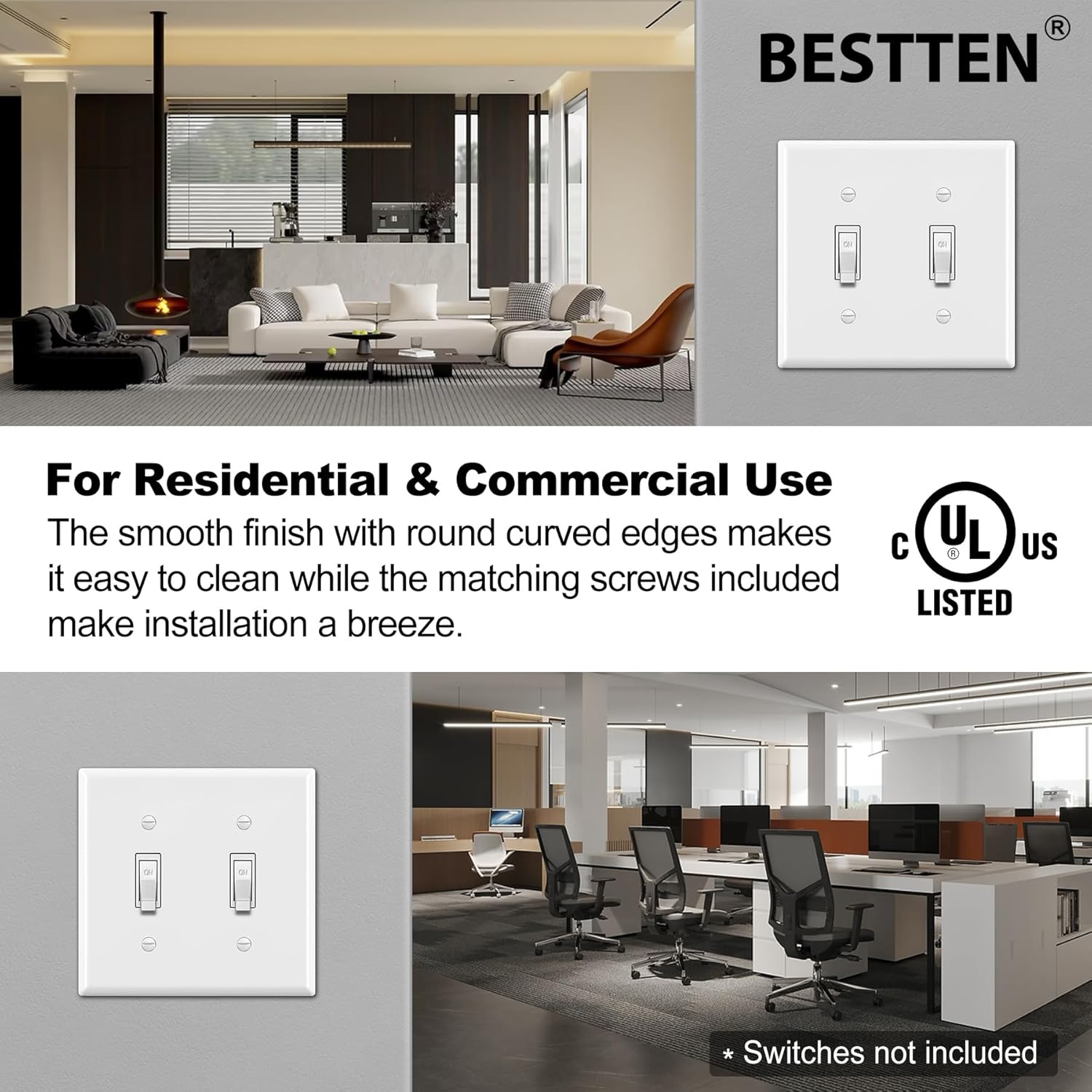 2-Pack Bestten Unbreakable Polycarbonate 2-Gang Toggle Wall Plate, White - Standard Size, UL Listed