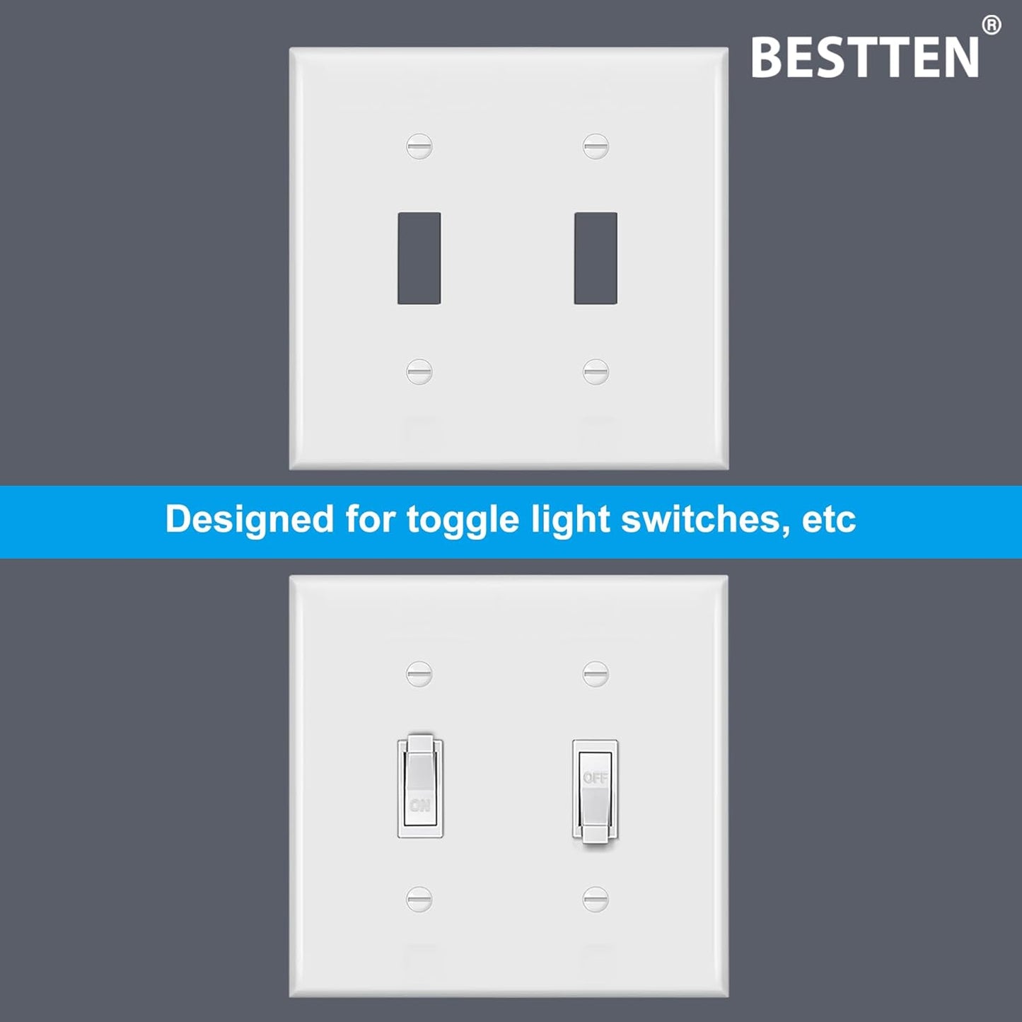 2-Pack Bestten Unbreakable Polycarbonate 2-Gang Toggle Wall Plate, White - Standard Size, UL Listed