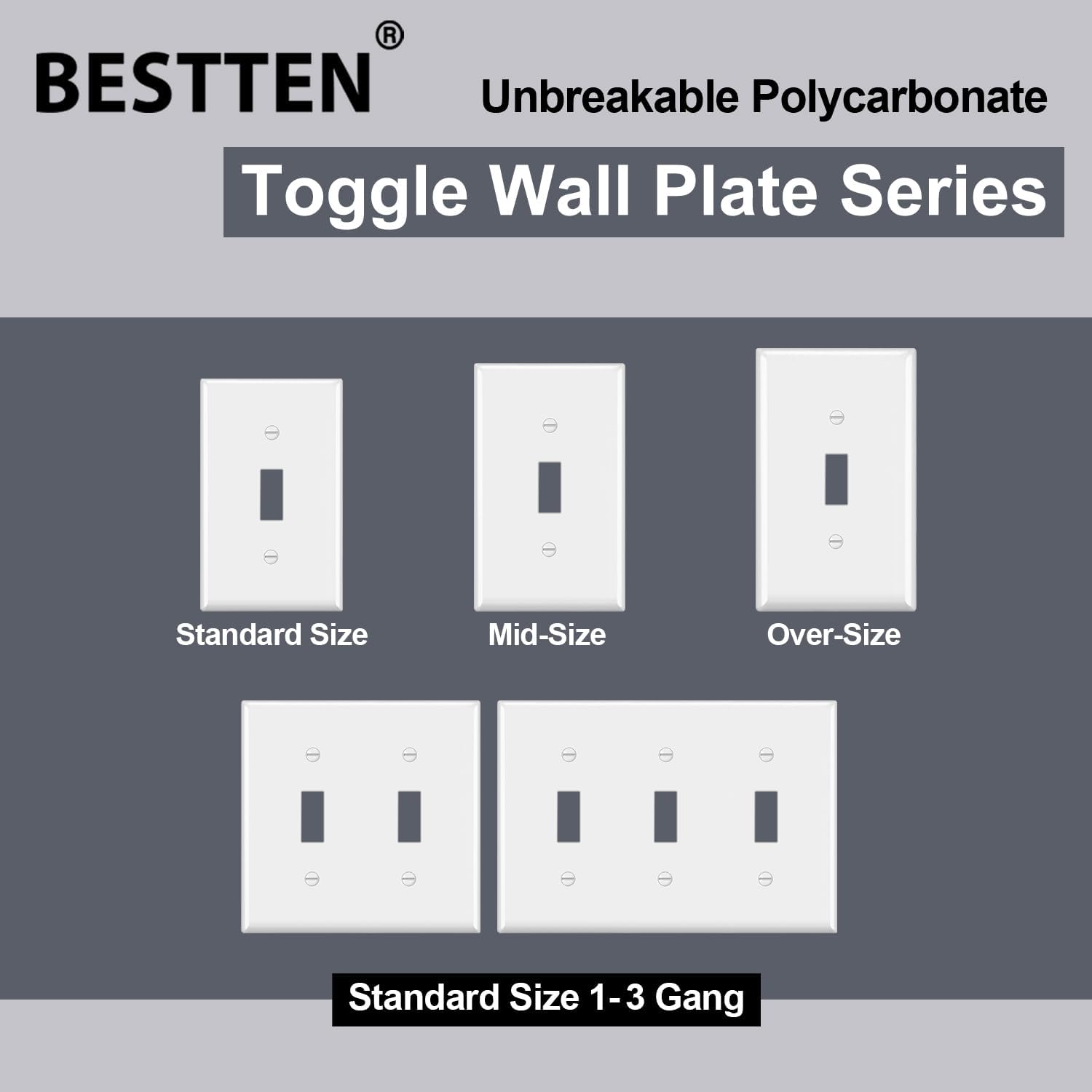 2-Pack Bestten Unbreakable Polycarbonate 2-Gang Toggle Wall Plate, White - Standard Size, UL Listed