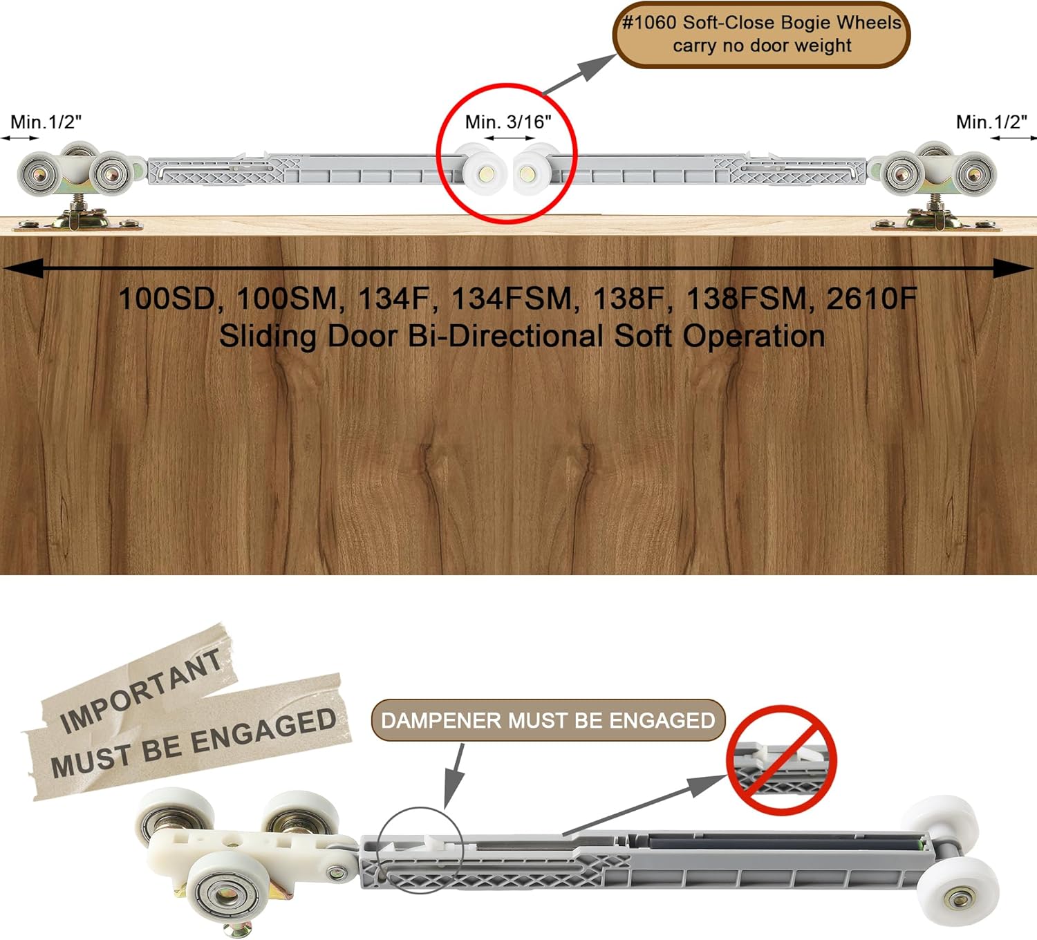 2 Pack Bi-Direction Pocket Door Soft Close/Open Hanger Kit for Johnson Part #1062 - 1" Nylon Ball Bearing - 1-1/4" C.T.C - 165lbs Capacity - Fits Min. 1" Thick Doors - WildKart