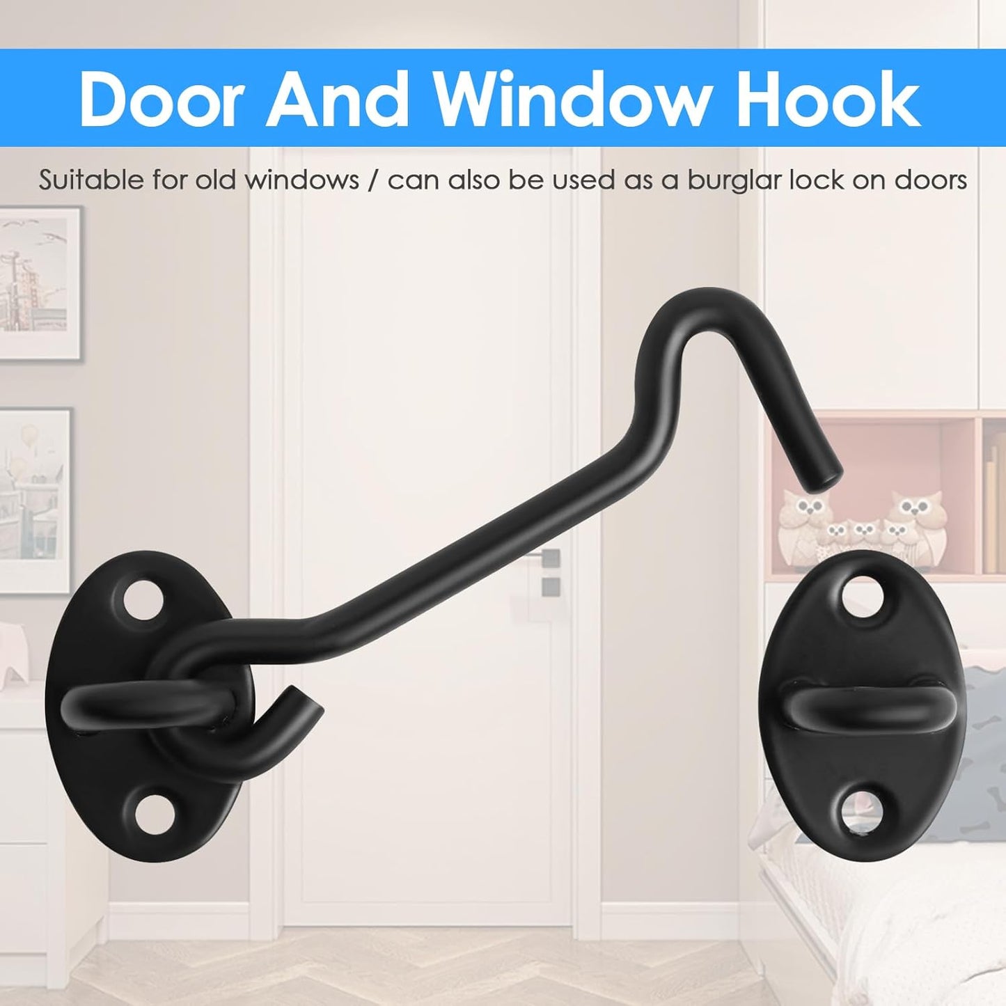 2-Pack Black 4" Heavy Duty Stainless Steel Gate Latch Hook and Eye Lock for Sliding Door, Barn Door, Garden, Cabinet, Windows - Easy Installation with Mounting Screws