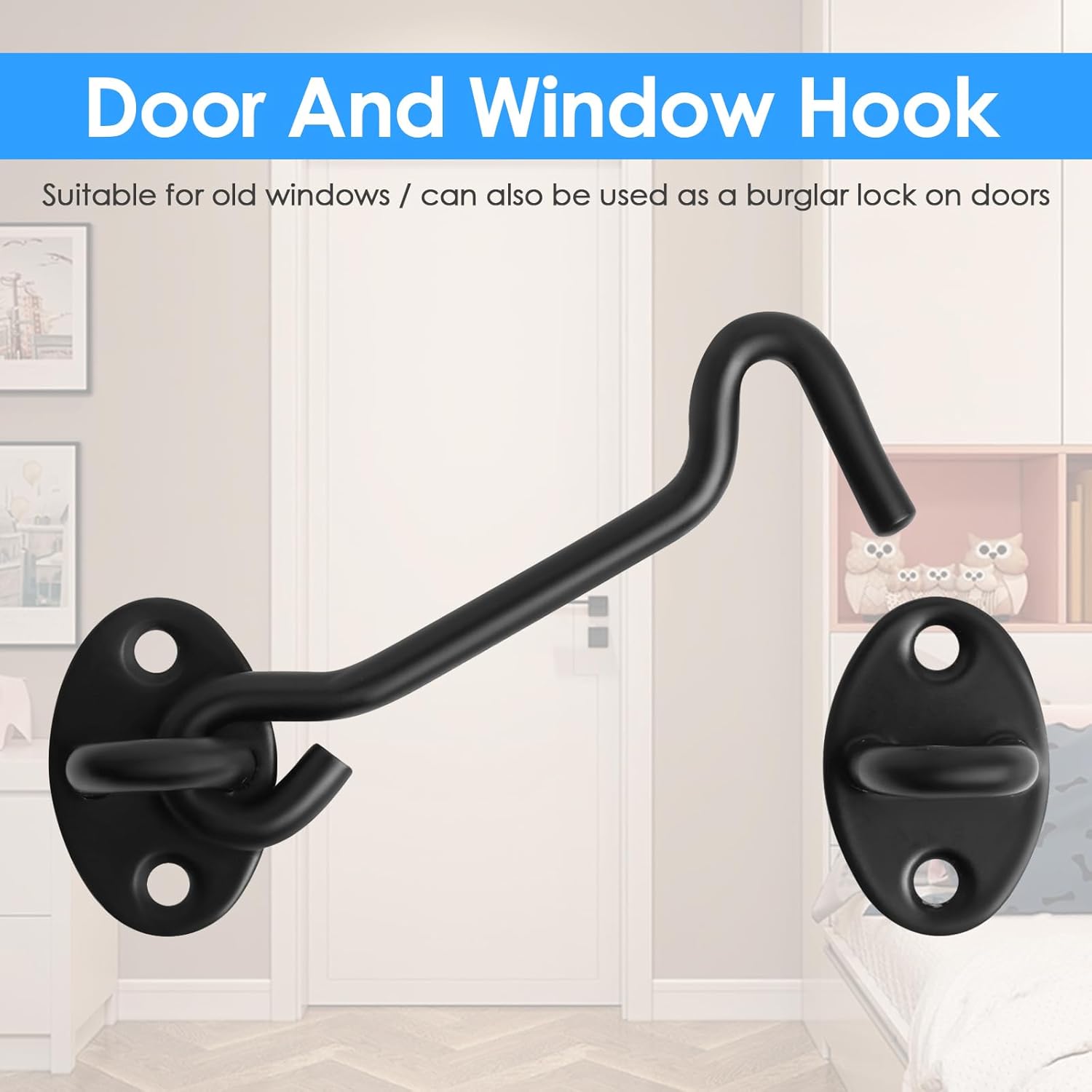 2-Pack Black 4" Heavy Duty Stainless Steel Gate Latch Hook and Eye Lock for Sliding Door, Barn Door, Garden, Cabinet, Windows - Easy Installation with Mounting Screws