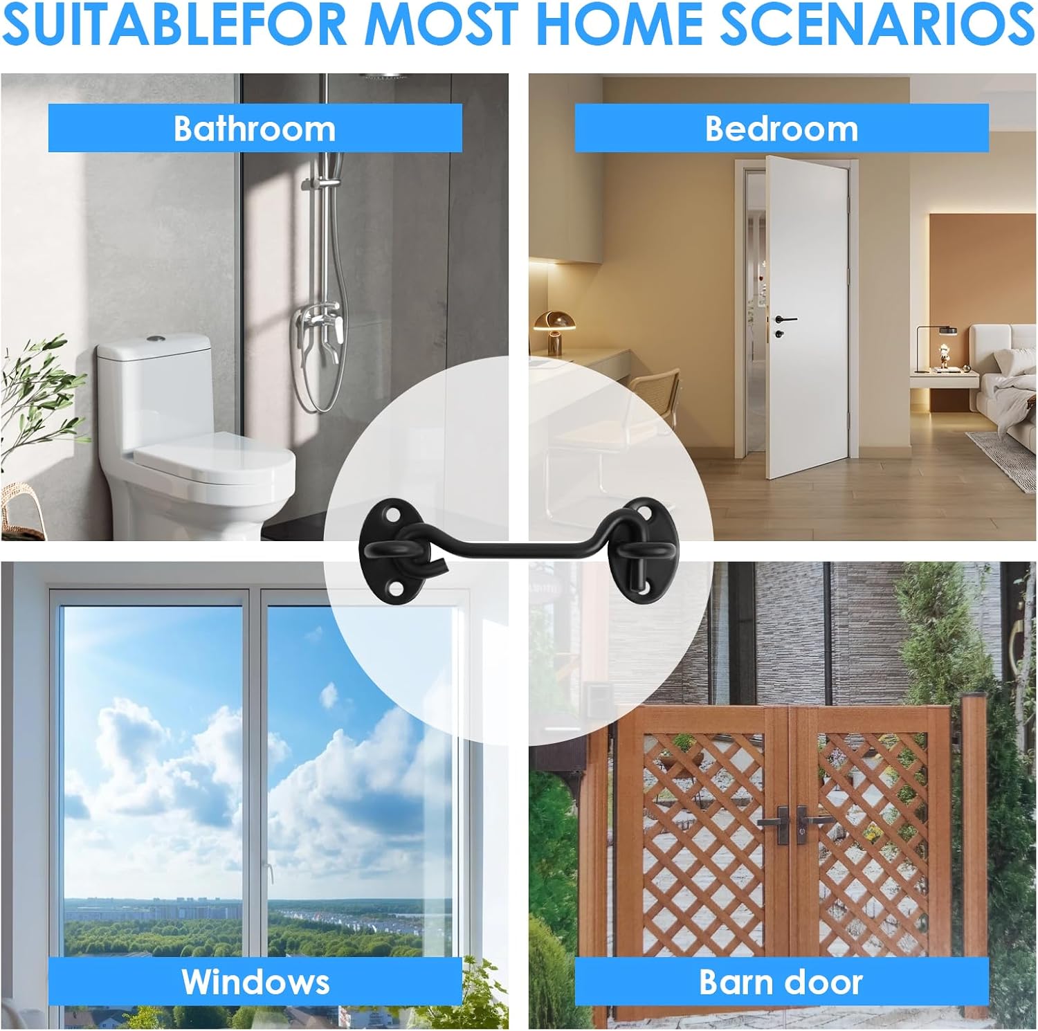 2-Pack Black 4" Heavy Duty Stainless Steel Gate Latch Hook and Eye Lock for Sliding Door, Barn Door, Garden, Cabinet, Windows - Easy Installation with Mounting Screws